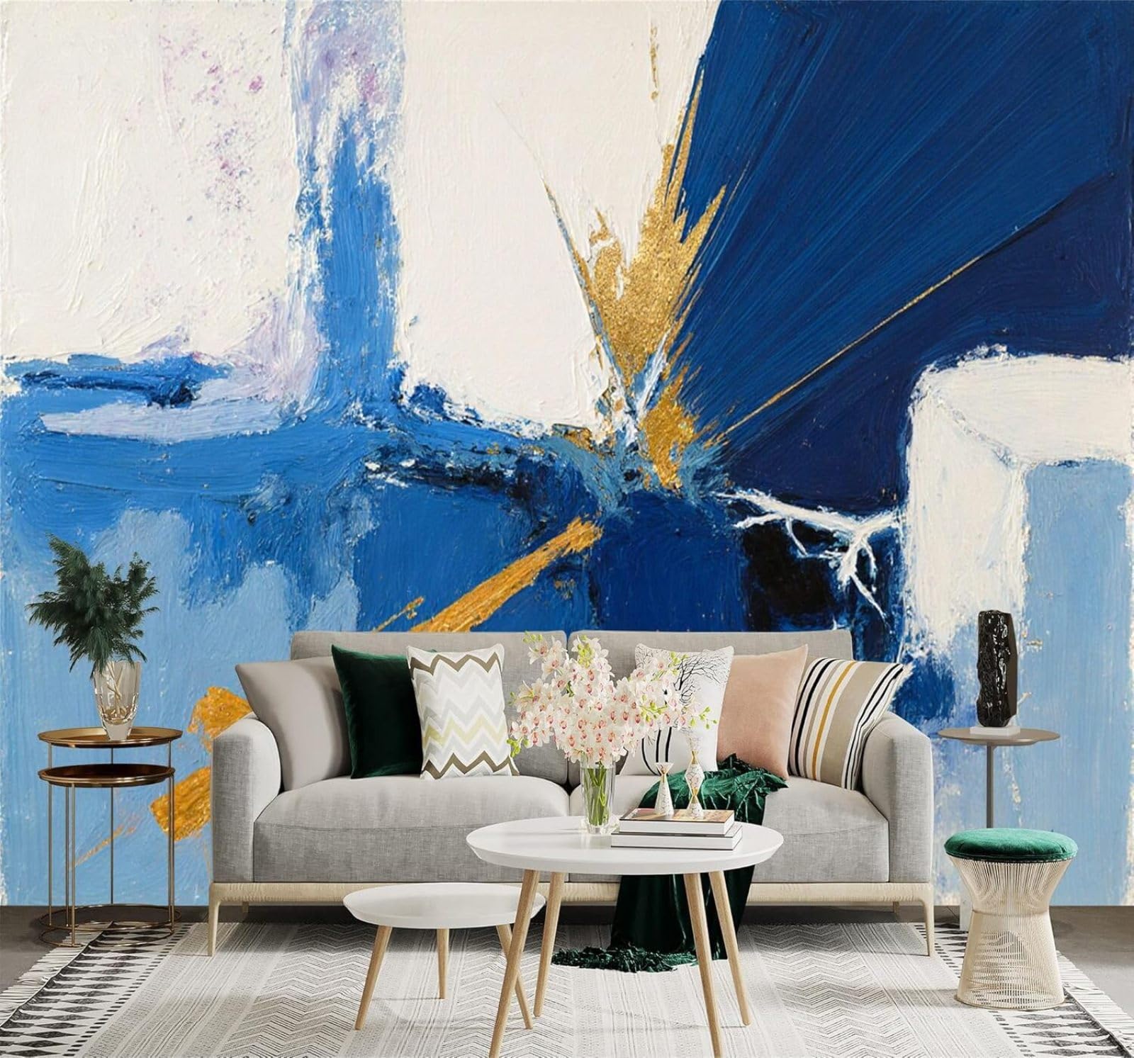 XLMING Abstract Blue Gold Hand Drawn Art 3D Wallpaper Silky Texture Home Study Office Grey Dining Room Sofa Bedroom Living Room TV Backdrop-350cm×256cm