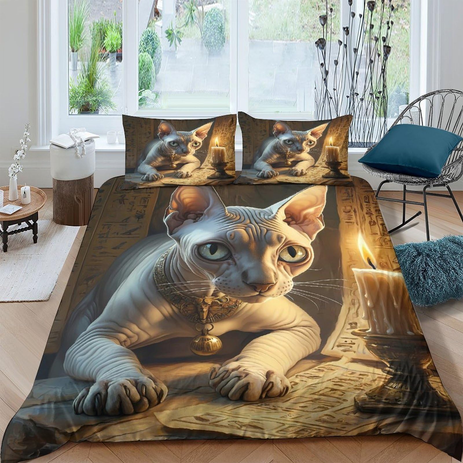 Ctjqhvkz Style-6 3D Printed Candlelight Cat Fitted Sheet Microfiber Soft Bedroom Decor Artistic Sphynx Bed Cover For All Ages Single（135X200cm）