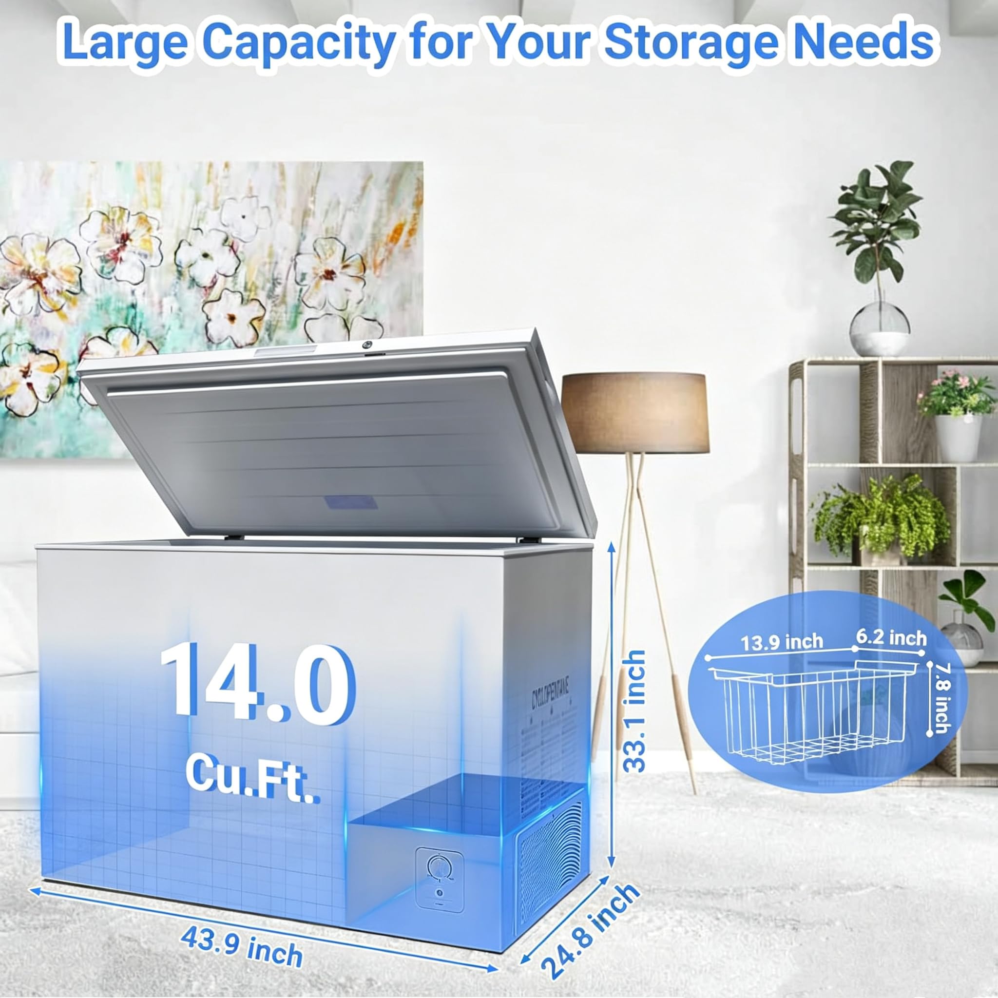 Smad Deep Chest Freezer 14.0 Cu. Ft. Large Freezer With Lock And 3 Removable Baskets, 4 Wheels, Adjustable Thermostat, Low Noise, Garage Ready For Home, Kitchen, White on Fridge.com - View 6