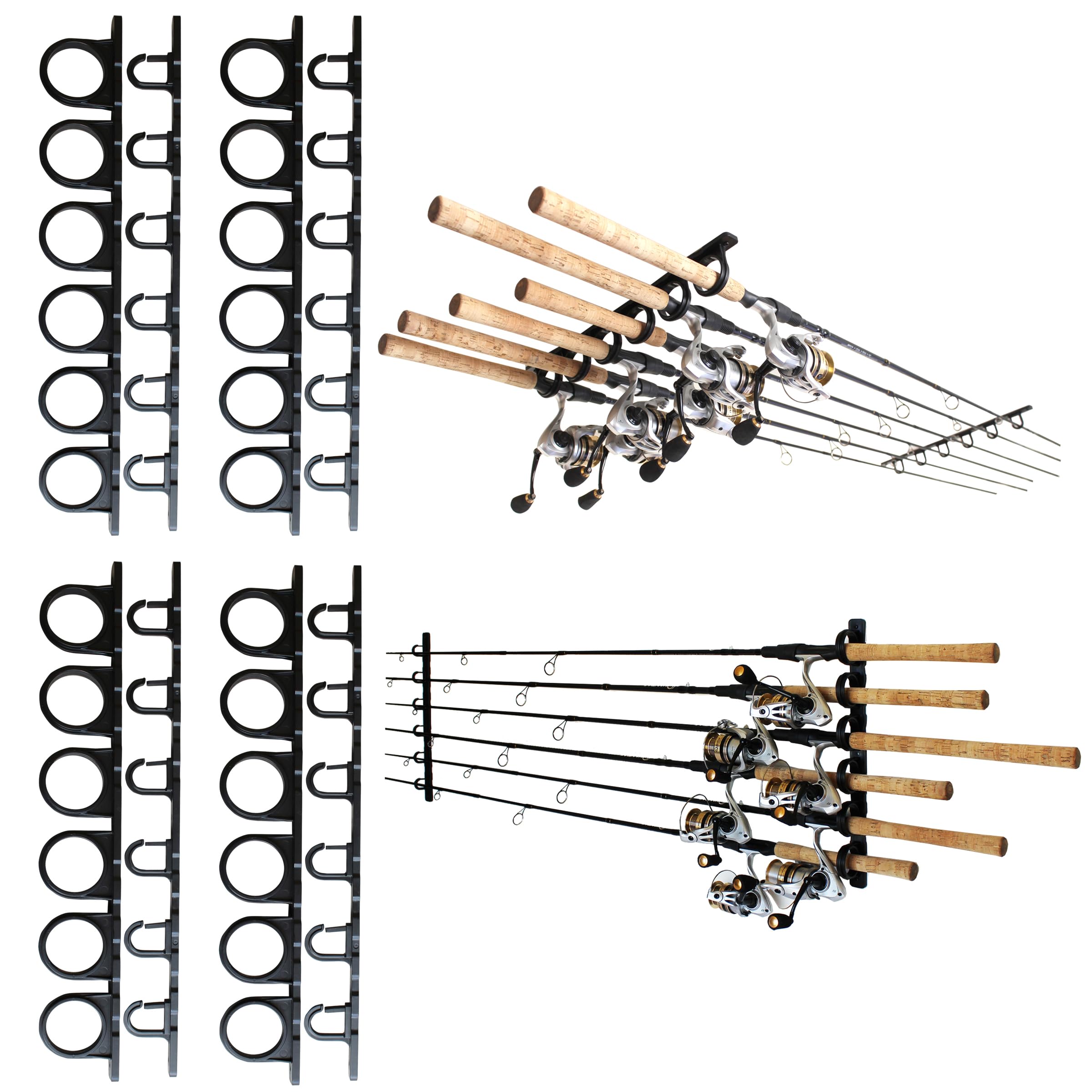 Rush Creek Creations Set of 4 Adaptable 6, 12, 18, or 24-Rod Horizontal Wall-Mount Fishing Pole Holders, Ceiling or Wall Fishing Rod Racks for Garage,