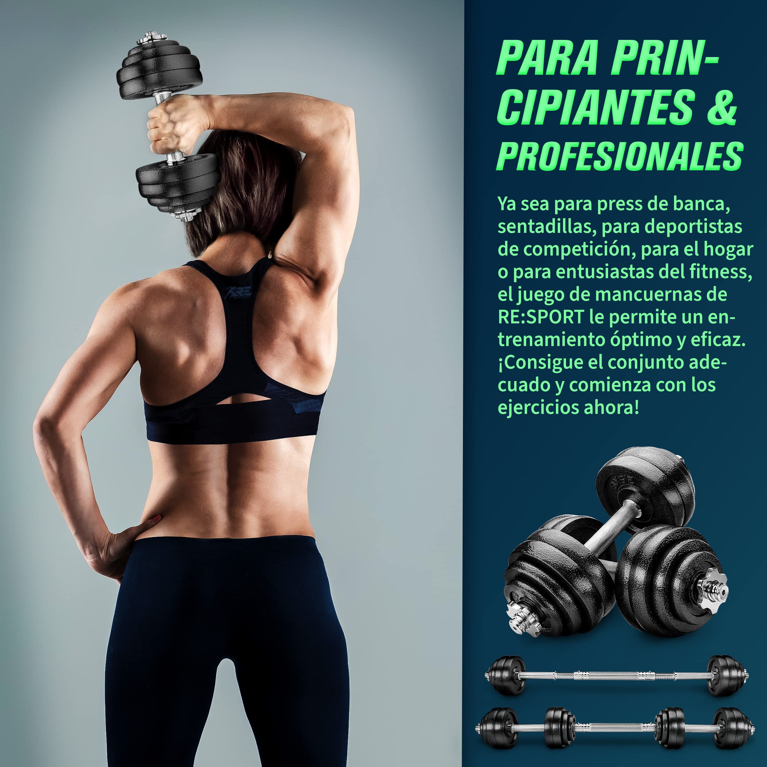 RE:SPORT Mancuernas Ajustables 15-30kg - Pesas y Mancuernas de Hierro Fundido con Barra y Discos para Culturismo, Aptitud, Halterofilia, Ejercicios de Gimnasio Doméstico