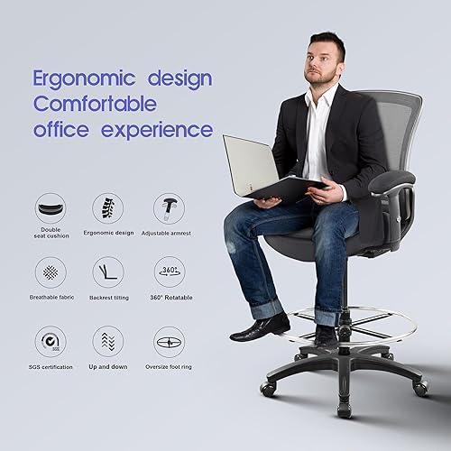 Miniatura 3 de Silla de redacción de malla para computadora, taburete de escritorio de pie con soporte lumbar, cojín de asiento doble, reposabrazos ajustable en