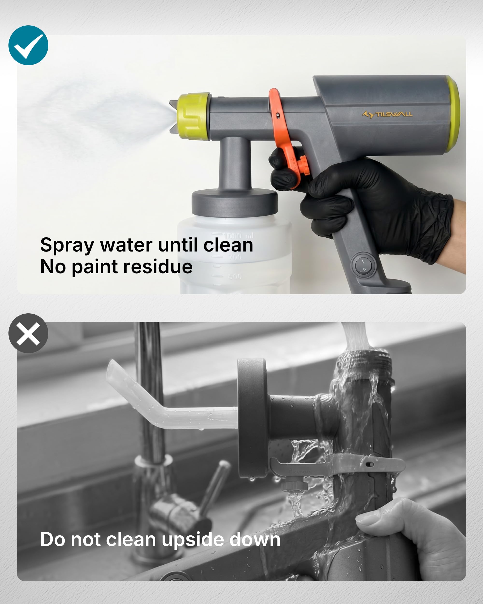 Tilswall Spruzzatore per Vernice Elettrico Potente e Leggero, Serbatoio Rimovibile da 1000 ml, 3 Ugelli e 3 Modalità di Spruzzatura, Ideale per Mobili Grandi, Muri, Recinti e Progetti fai da te Limone
