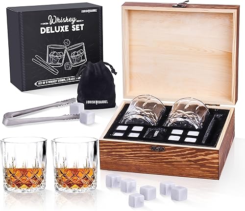 Miniatura 1 de Juego de regalo de vidrio de whisky con piedras de whisky, dos piezas de vasos, pinzas, incluye bolsa de microfibra dentro de una caja de madera