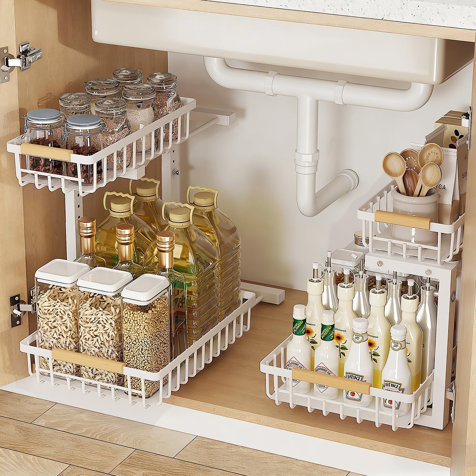 2 Pack Under Sink Organizer, 2 Tier Pull Out Shelf with Slide Out Design & 5 Adjustable Heights, Metal Storage Rack for Kitchen Cabinet, Bathroom, Closet Organization(White)