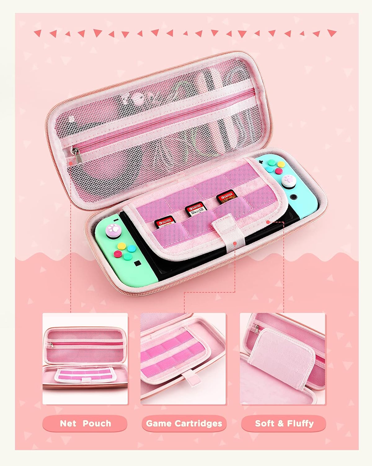 Vivefox Switch Carrying Case, Portable Travel Case Cover Compatible with Nintendo Switch, Protective Case Switch Storage Bag Hard Shell with Game Card Slots, Pink