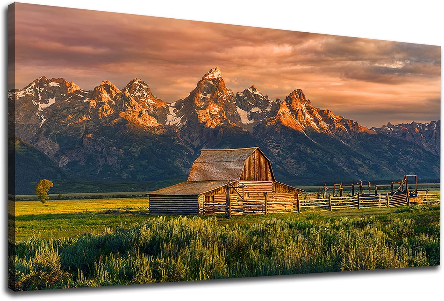 National Park Barn Canvas Wall Art Country Farmhouse Wall Decor Artwork Sunset Moulton Barn Grand Tetons National Park Picture Wall Art for Bedroom Bathroom Kitchen Ready to Hang 20" x 40"