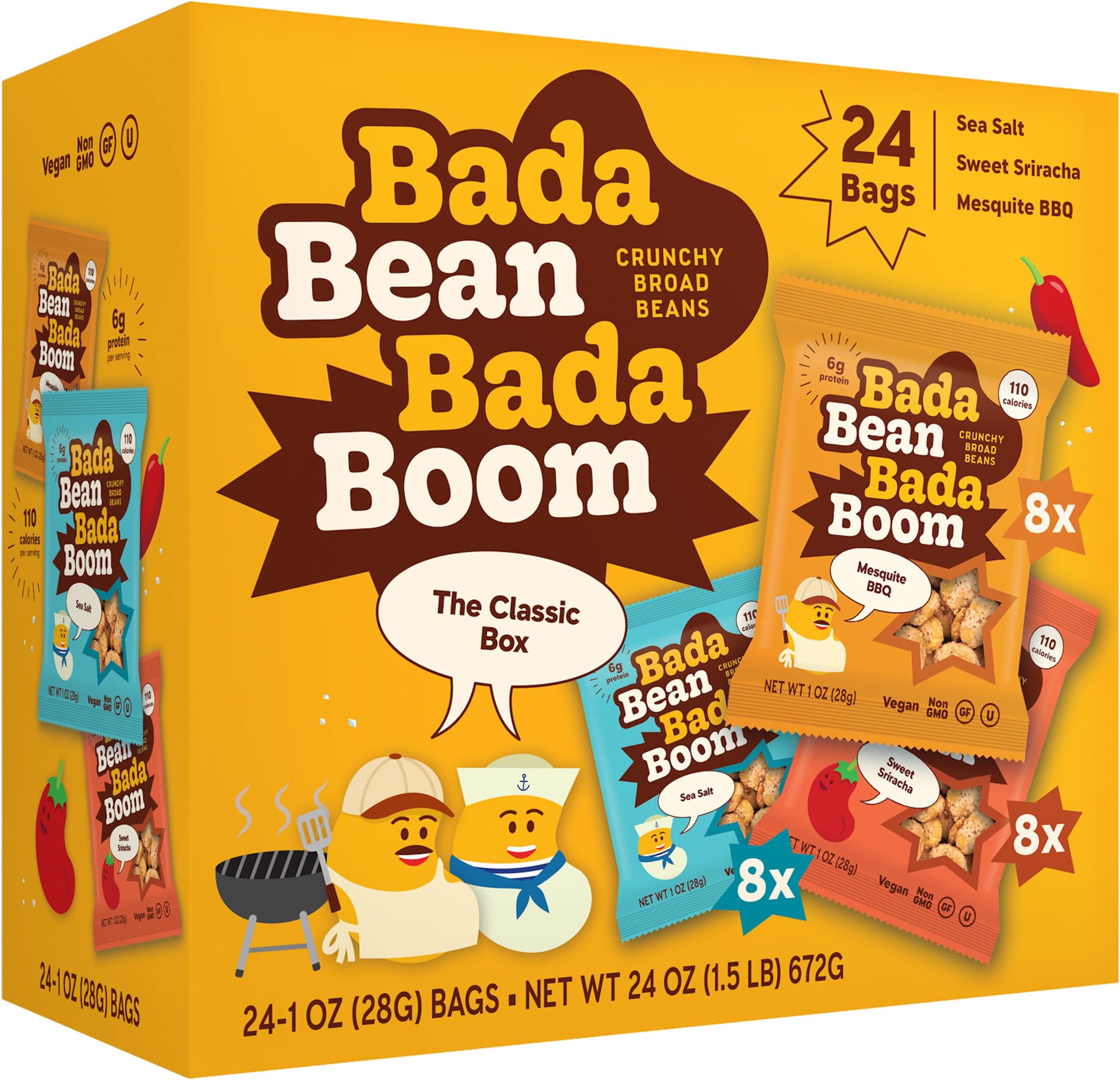 Enlightened Bada Bean Bada Boom Plant-Based Protein, Gluten Free, Vegan, Crunchy Roasted Broad (Fava) Bean Snacks, 100 Calorie Packs, The Classic Box Variety Pack, 1 Ounce (24 Count)