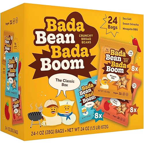 Bada Bean Bada Boom - Proteína a base de plantas libre de gluten vegana sin OGM libre de soya Kosher bocadillos de habas tostadas anchas 1 onza