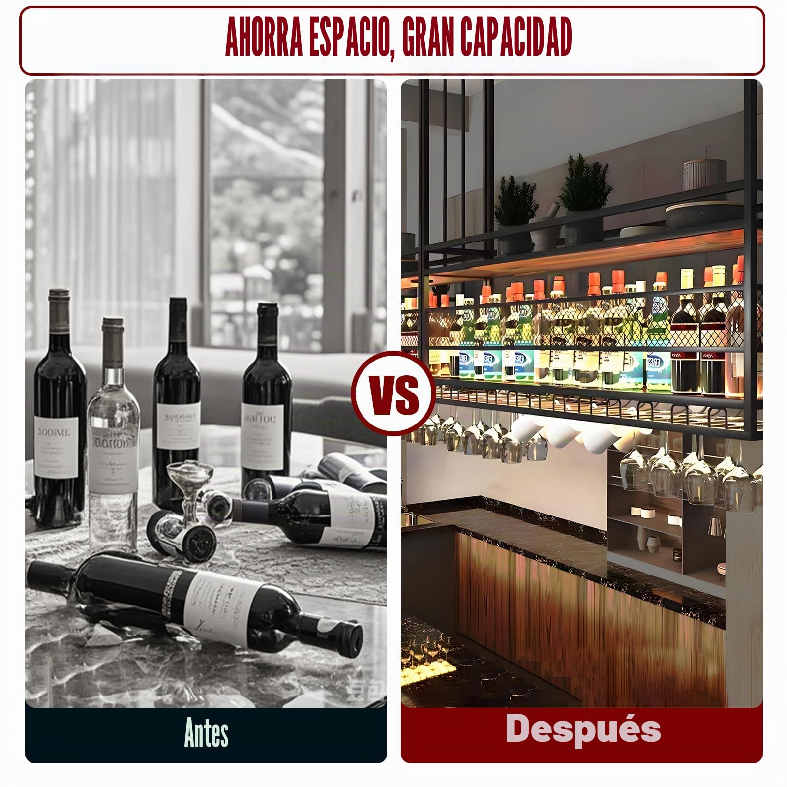 Estante de techo, Botellero Colgante de Gran Capacidad, Estante Vino Estanterias Metalicas de 2 capas Almacenaje Portavasos, Multifuncional, Parte de Vino, Comedor (Black, 100*30*50+40CM)