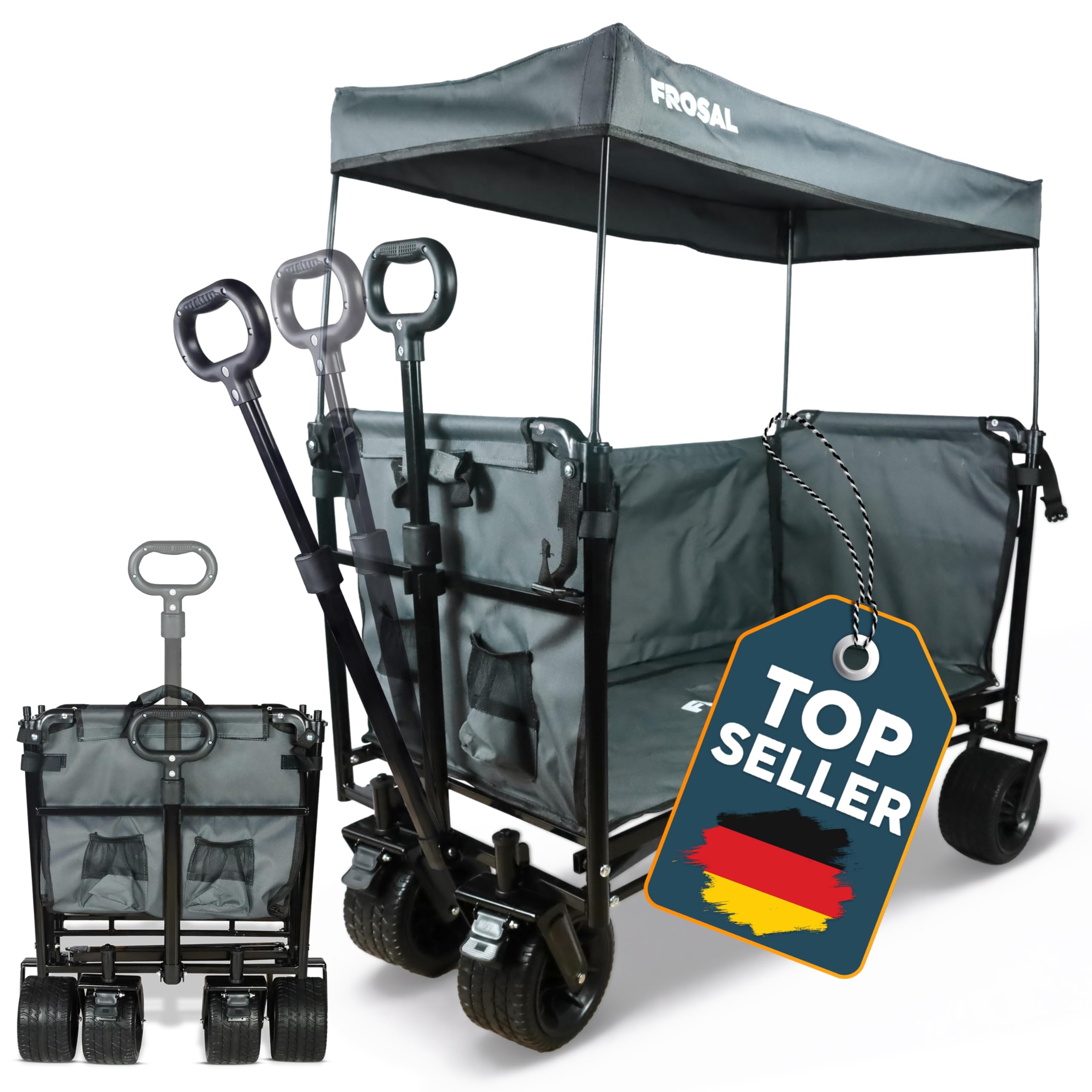 FROSAL Bollerwagen Tom faltbar mit Dach – Handwagen klappbar für Kinder, Hund & Transport – 80kg belastbar –pannensichere Räder & höhenverstellbare Zugstange – Garten & Camping Wagen grau