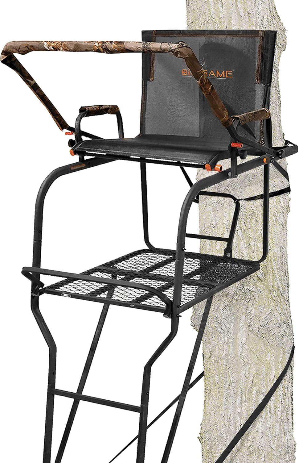 BIG GAME 1-Person Ladder Tree Stand for Hunting Deer, Flex-Tek Seat, Black - Adjustable Climbing Treestand with Platform and Safety Harness for Shooting