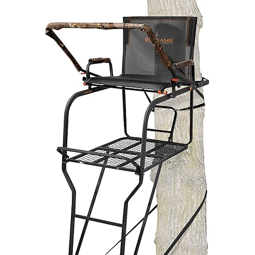 BIG GAME 1-Person Ladder Tree Stand for Hunting Deer with Seat, Hunter, 18' Tall, Black - Adjustable Climbing Treestand with Platform and Safety Harness for Shooting