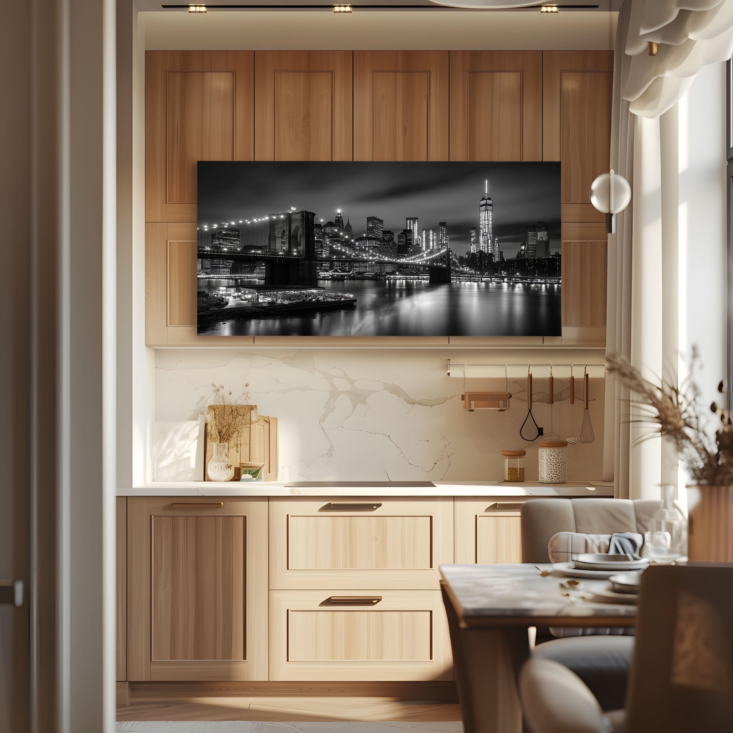 ZORYAN Quadro su Tela Paesaggio Urbano Città Senza Cornice 50x100 cm | Pittura Moderna per Salotto e Soggiorno Architettura Edificio Decorazioni da Parete Grandi Dimensioni Notte in Bianco e Nero
