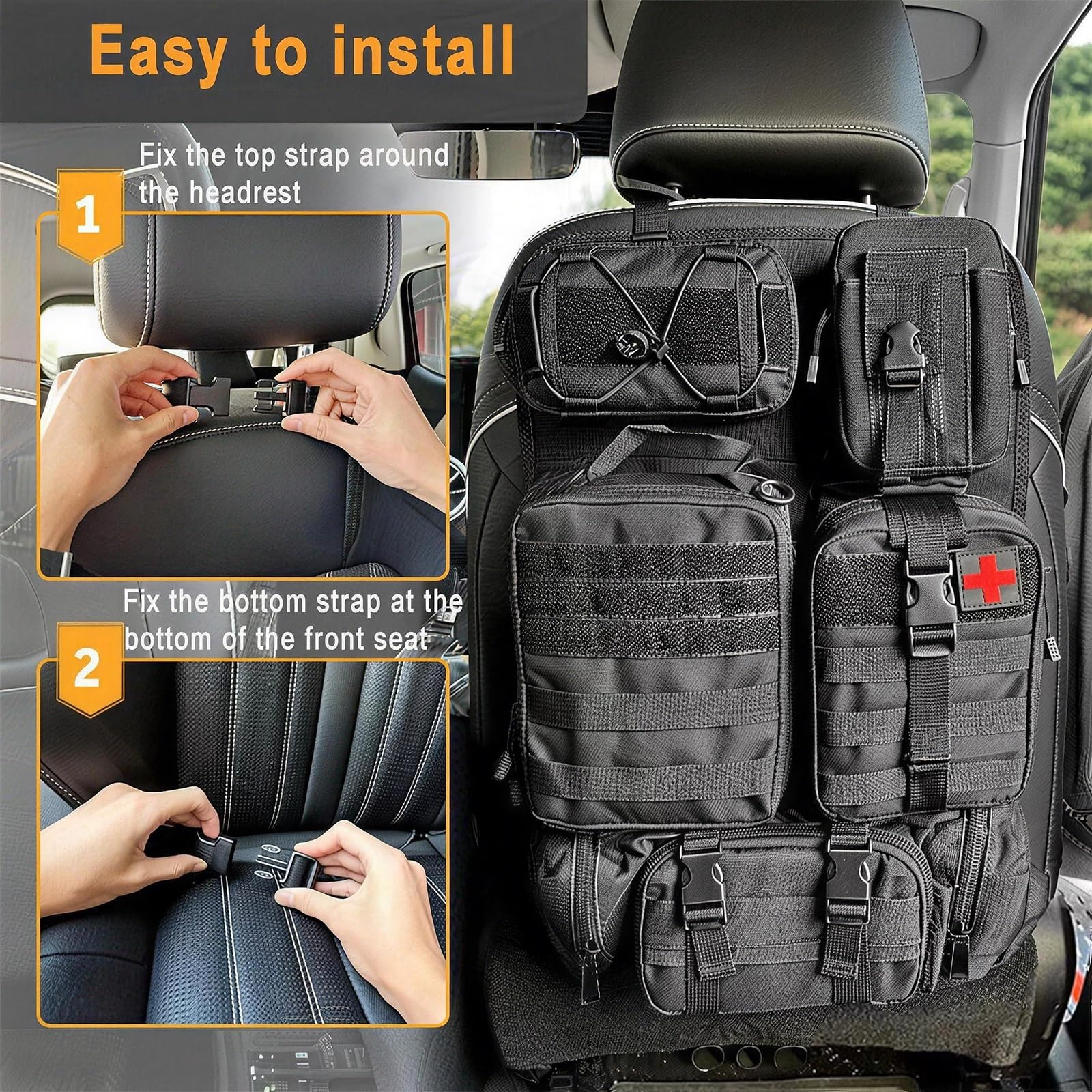 6-in-1 Tasca Tattica per Sedile Posteriore, Multifunzione per Auto | Pannello MOLLE Auto, 5 Tasche Rimovibili, Grande Organizzatore Posteriore per Tutti - Tieni in Ordine.(Brown)