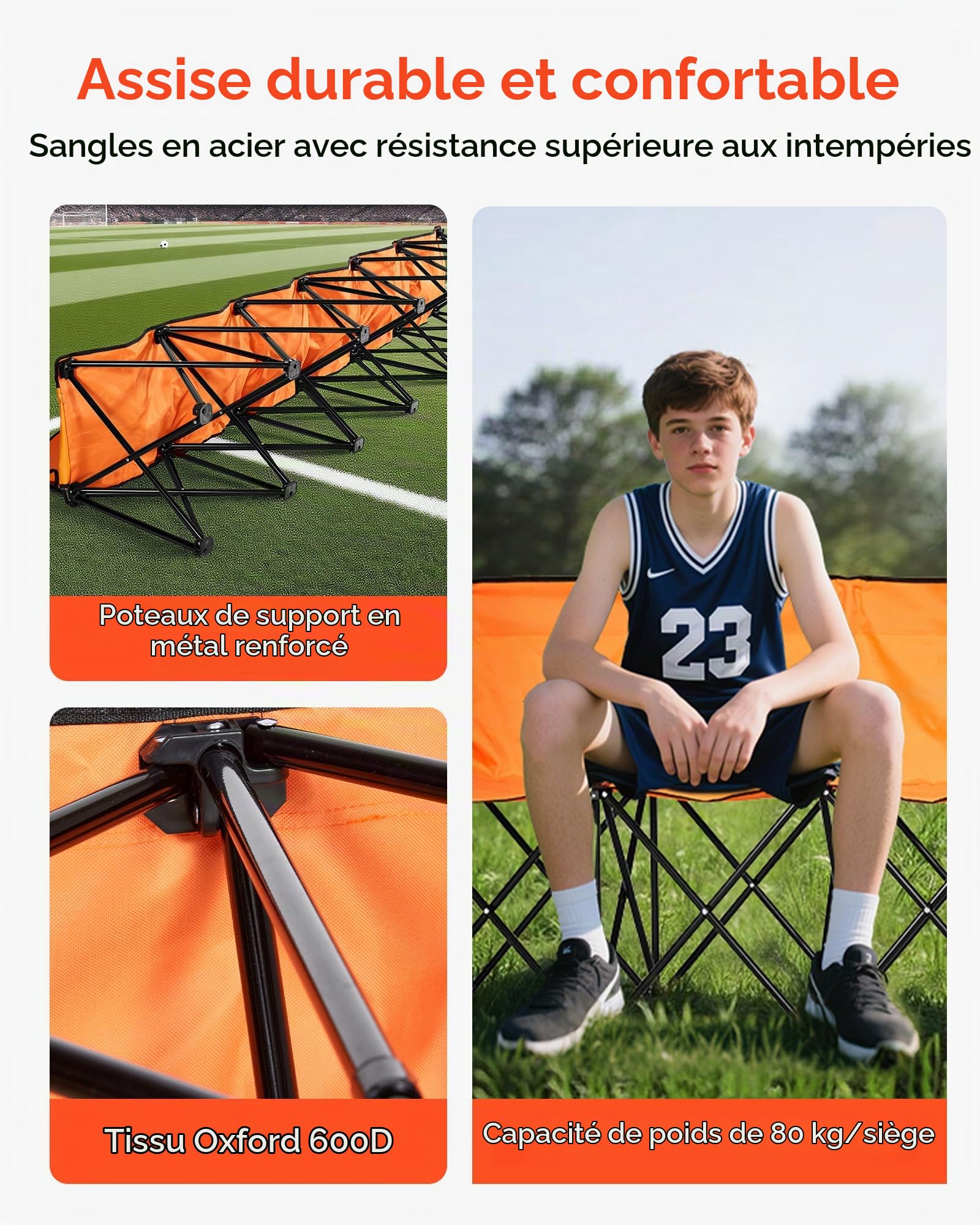 VEVOR Banc pliant portable à 6 places, banc de camping pliable avec poches de rangement et sac de transport, siège latéral léger avec dossier pour football, baseball et événements en plein air, orange