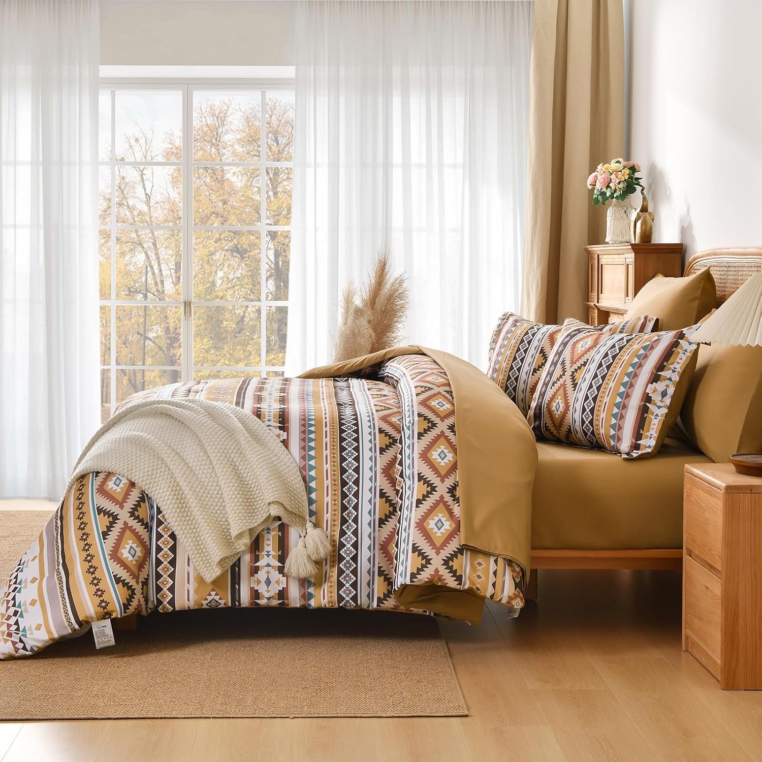 Dinjoy Beige Brown Boho Comforter Set Queen Size,7 Pieces Bed in a Bag Queen Khaki Aztec Bedding with Sheets Bohemian Geometric Striped Complete Set for Fall Winter 90"×90" - Image 6