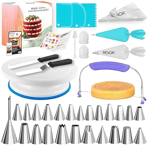 RFAQK 64 PCs Cake Decorating Kit for Beginners Includes Video Course, Booklet + Baking Supplies Gift - Cake Stand, Leveler, 24 Numbered Piping Tips, Straight & Offset Spatula, & Scraper sets