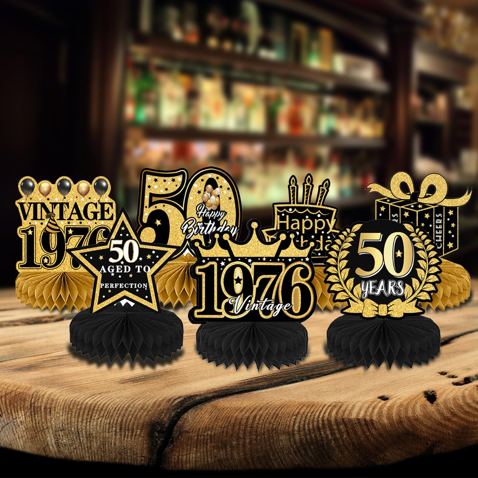 PHUSBLAY Lot De 9 Décorations De 50e Anniversaire Pour Homme Et Femme, Fournitures De Fête D'anniversaire, Centres De Table En Nid D'abeille Pour Décoration D'anniversaire Noir Et Doré