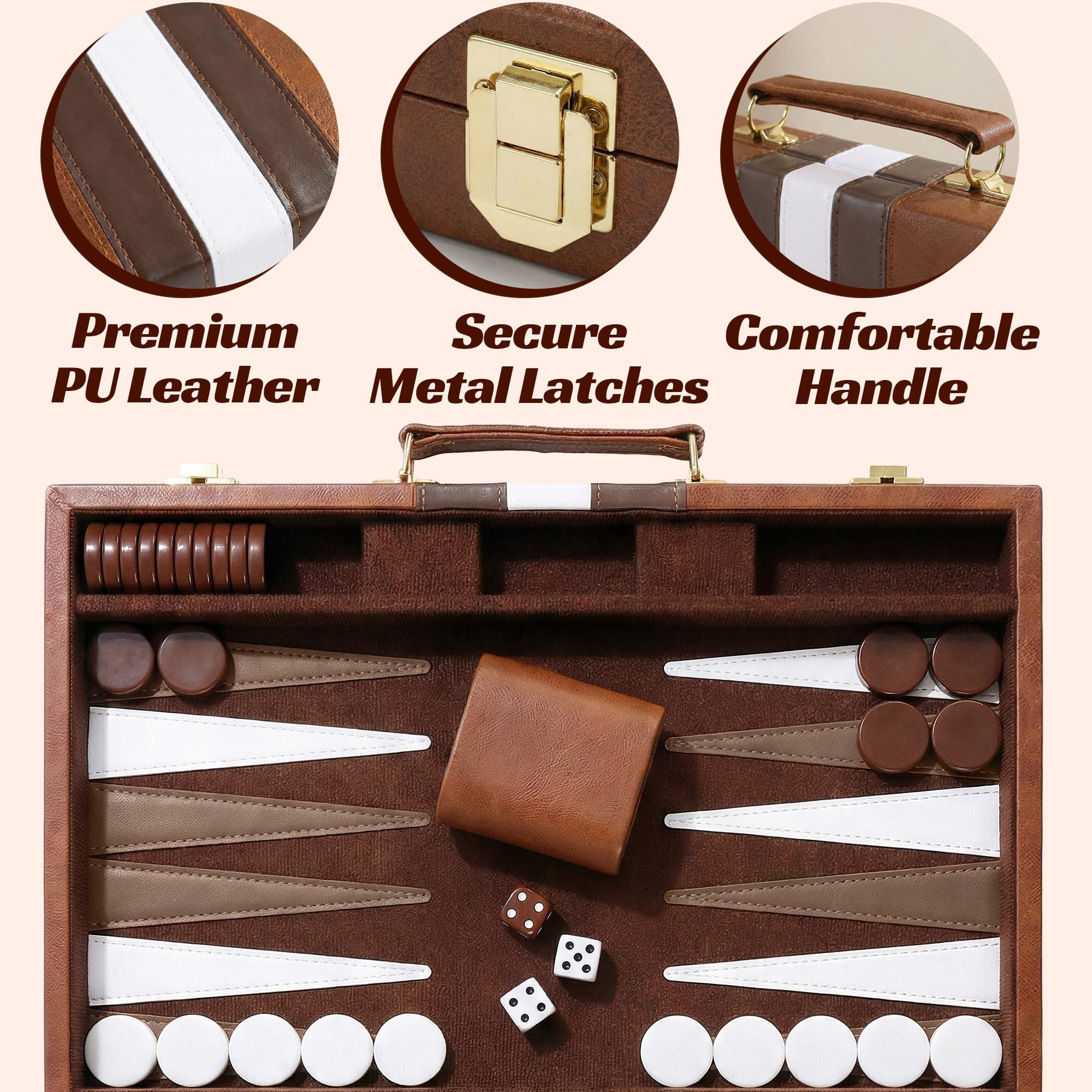 Jeu de Backgammon de Voyage, PUYUKO Jeu de Société de Luxe 11" avec Mallette en Cuir PU pour 2 Joueurs, Mallette de Backgammon avec Dés et Pions pour Adultes et Hommes (Brun)