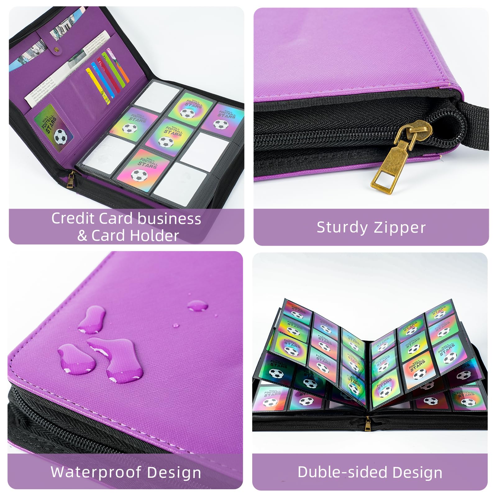 Carpeta de tarjetas coleccionables con 240 bolsillos, bolsillo de doble cara, piel sintética, regalos para niños y niñas, color morado, tamaño grande, 9 bolsillos