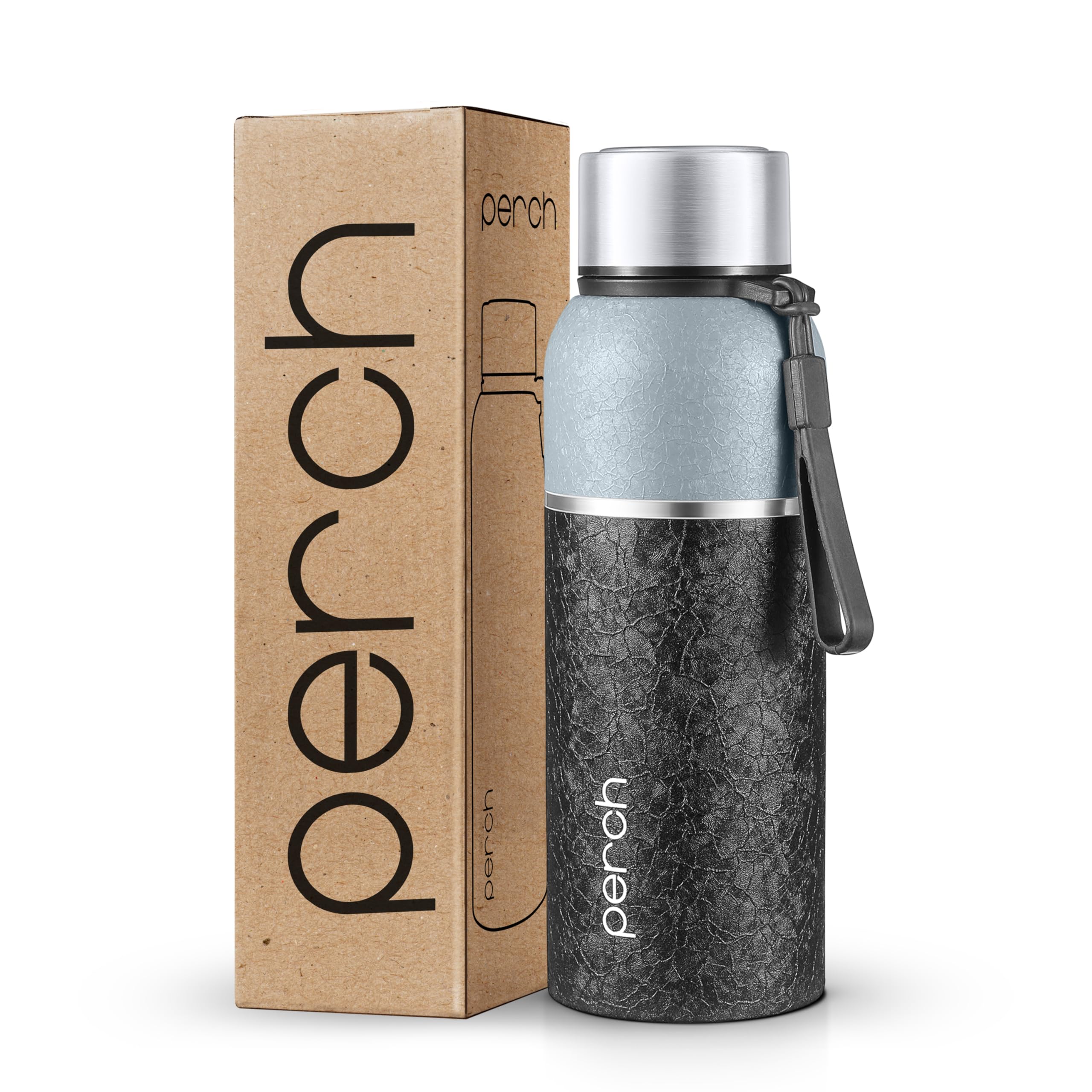Perch Zenith ISI Certified Hot and Cold Steel Water Bottle 560ml, Vacuum Insulated Flask for Adults | BPA-Free, Leakproof | Easy to Carry Bottle for Office, School, Gym (Grey&Black)
