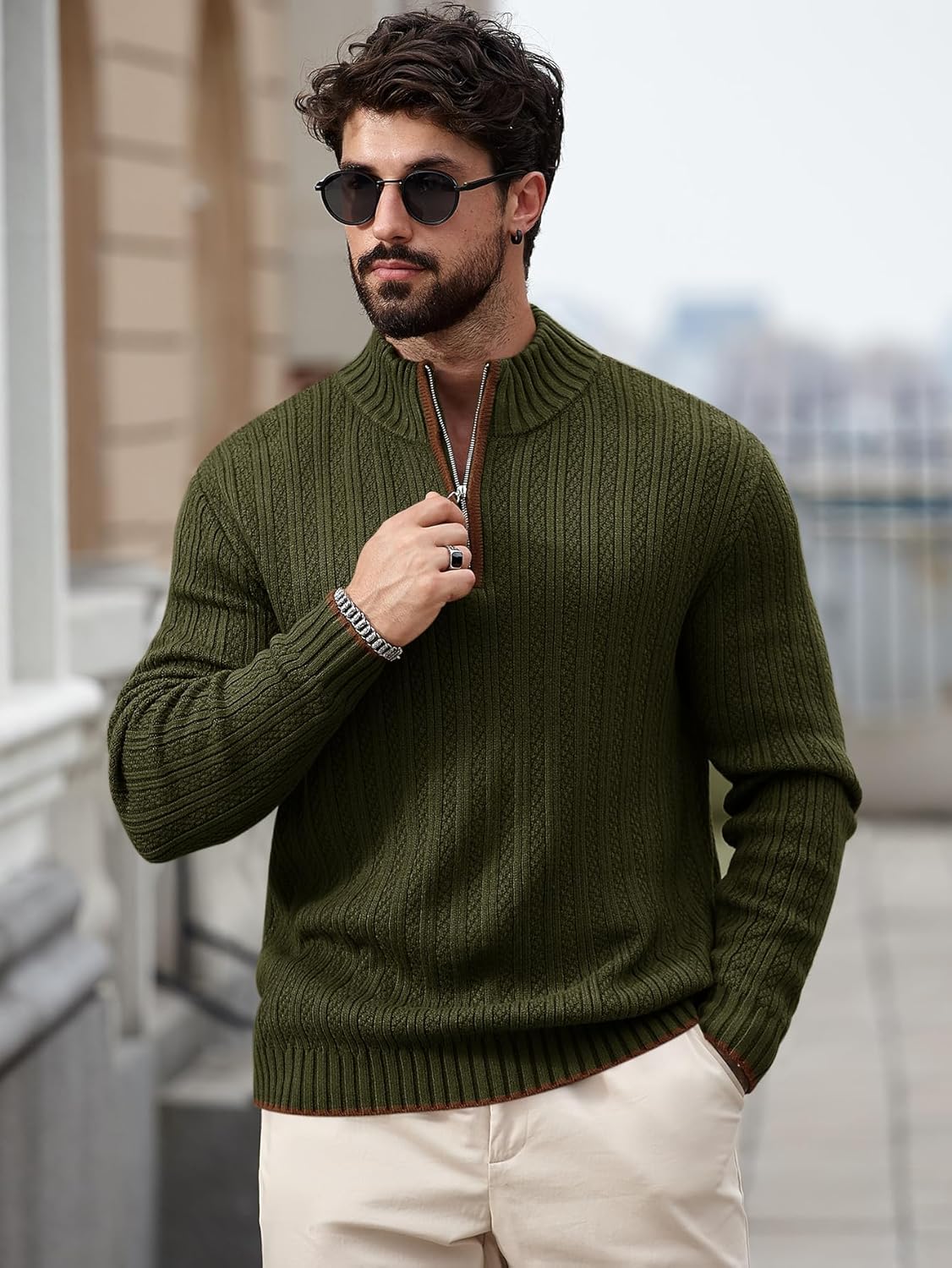 Runcati Mens Quarter-Zip Pullover Sweater Casual Mock Neck Knitted Winter Warm Ribbed Polo Sweaters - Image 2