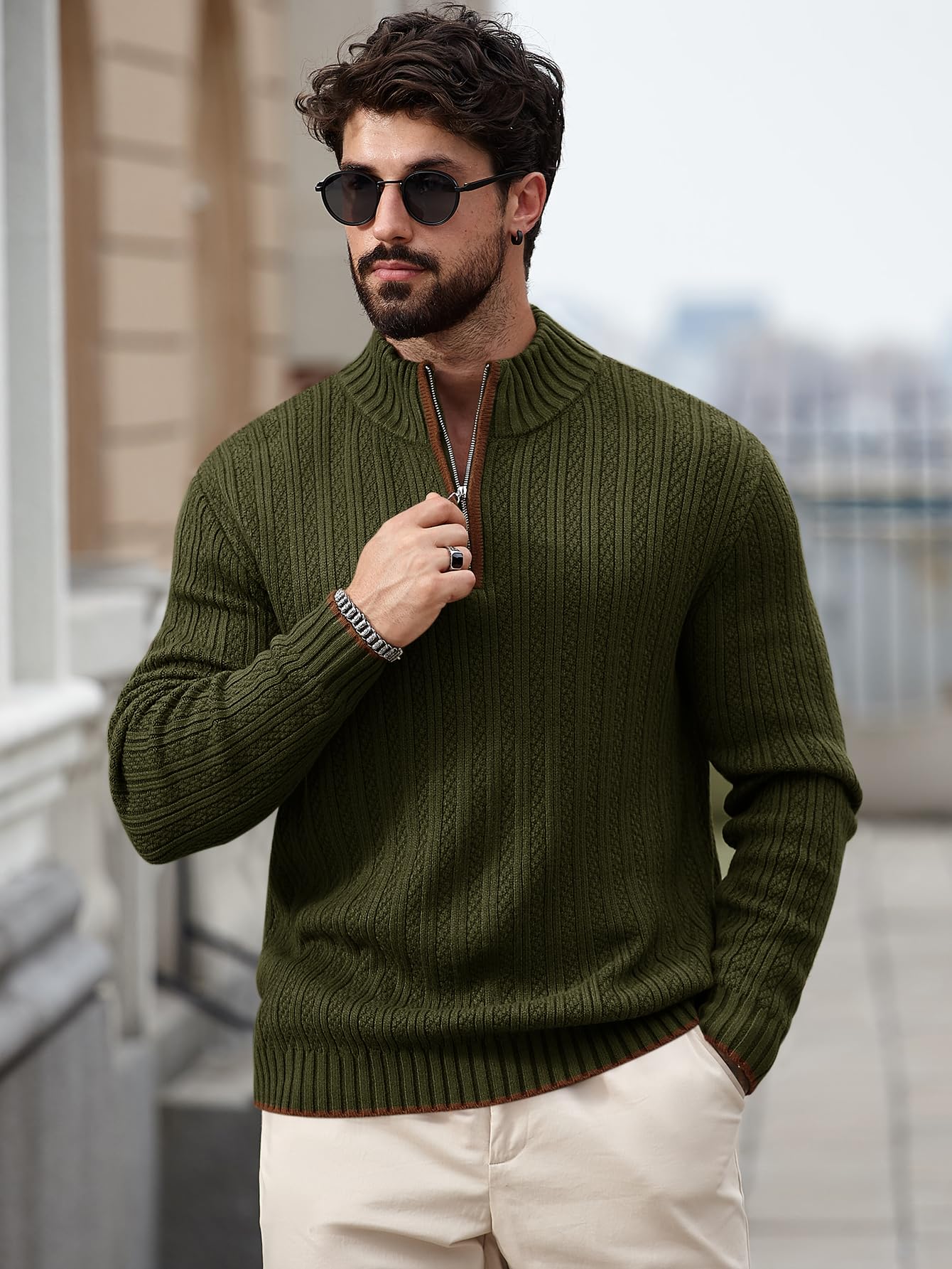 Runcati Mens Quarter-Zip Pullover Sweater Casual Mock Neck Knitted Winter Warm Ribbed Polo Sweaters