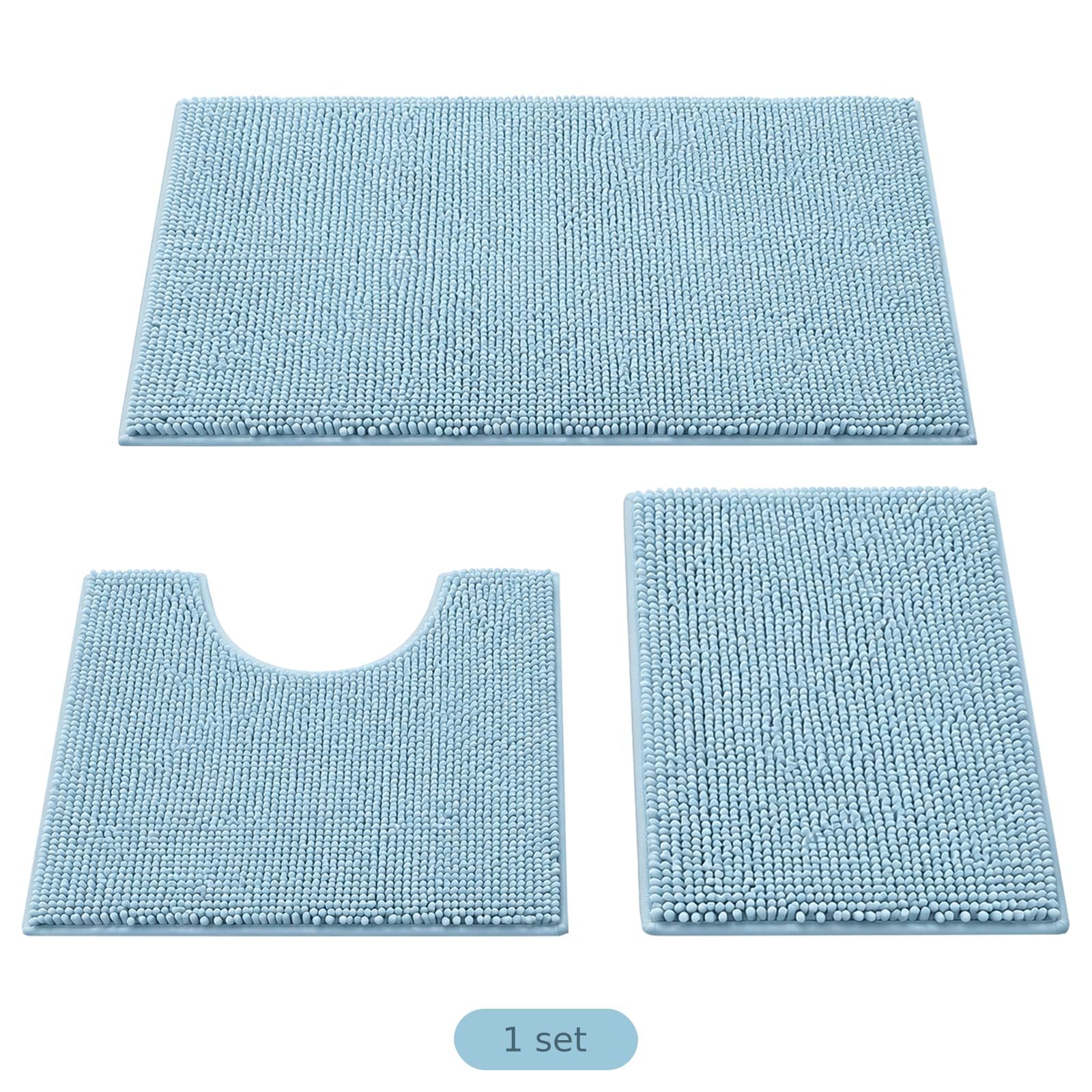 Lot de 3 Tapis de Bain en Chenille Bleu Ciel, Grand 31 x 19 in / 78,7 x 48,3 cm, modèle en U 19 x 19 in / 48,3 x 48,3 cm, Petit 15,5 x 23 in / 39,4 x 58,4 cm, Base antidérapante, Ultra Doux