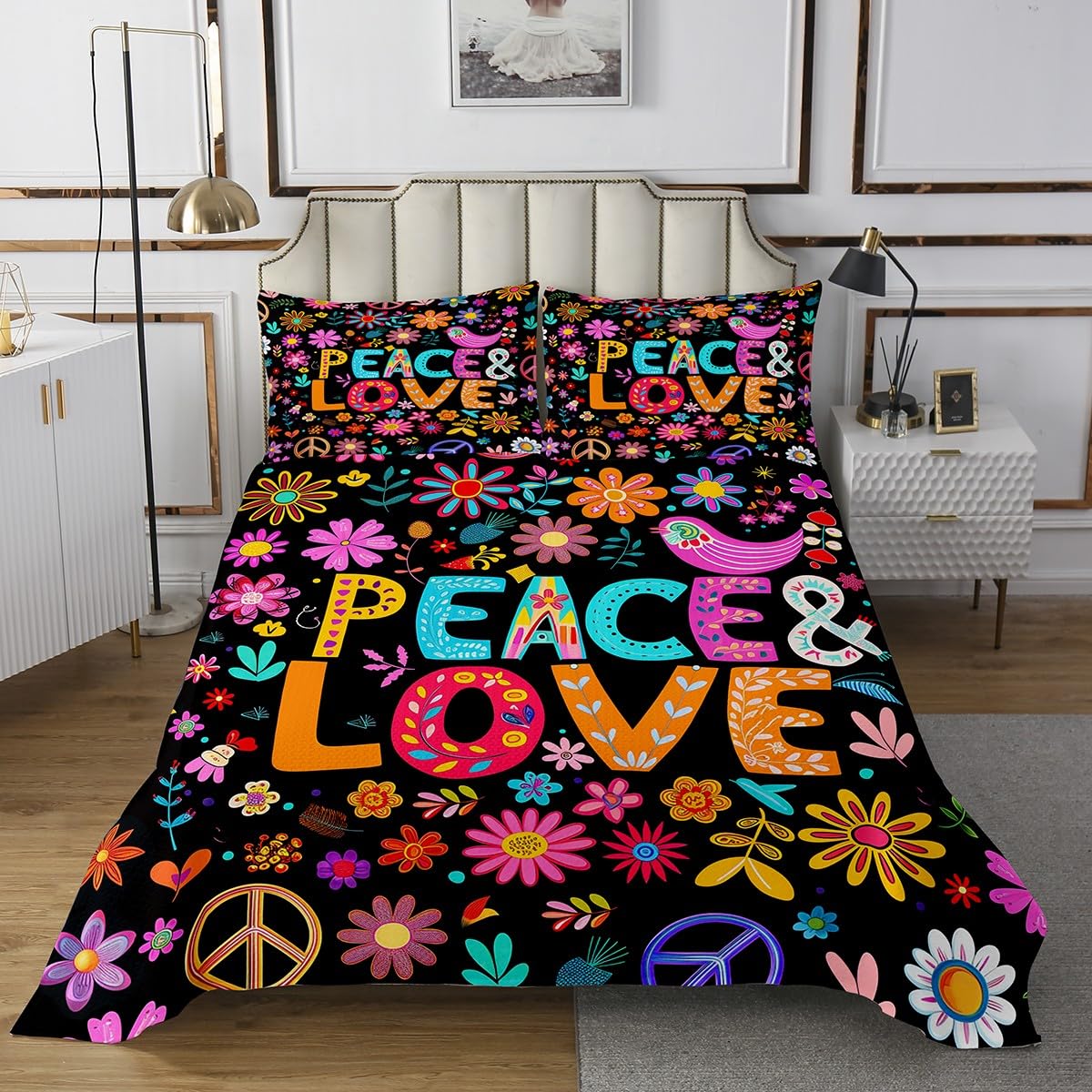 Manfei Watercolor Daisy Flowers Kids Bedspread King Size,Floral Leaf Botanical Plant Coverlet Set,Boys Girls Room Decor,Peace Sign Love Quilted Coverlet,Bright Romantic Bedding Quilt,2 Pillowcases