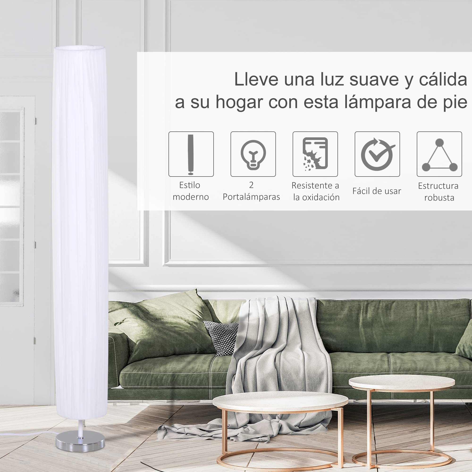 HOMCOM Lámpara de Pie Moderna para Dormitorio Comedor Salón (2 E27 Bombilla) Interruptor de y Bajo Consumo con Base de Acero Inoxidable 120 cm Blanco