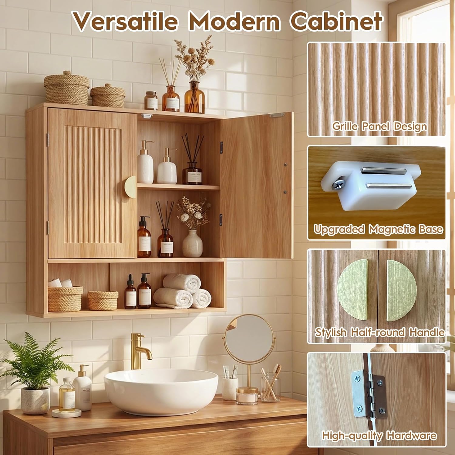 Mazatzal Bathroom Medicine Cabinet, Modern Wall Storage Cabinet with Adjustable Wood Shelf & Grille Design Doors, Over The Toilet Storage Cabinets for Laundry Room, Kitchen, Living Room, Natural