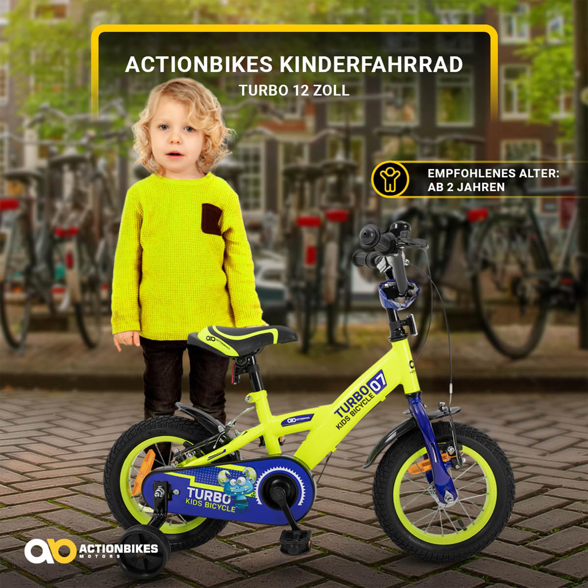 Actionbikes Kinderfahrrad Turbo | 12 16 Zoll - V-Brake Bremsen - Fahrrad für Kinder von 2-7 Jahren - Schutzblech v. / h - Kinder Fahrrad für Mädchen & Jungen - Fahrräder - Bicycle - Kinderrad - Bike