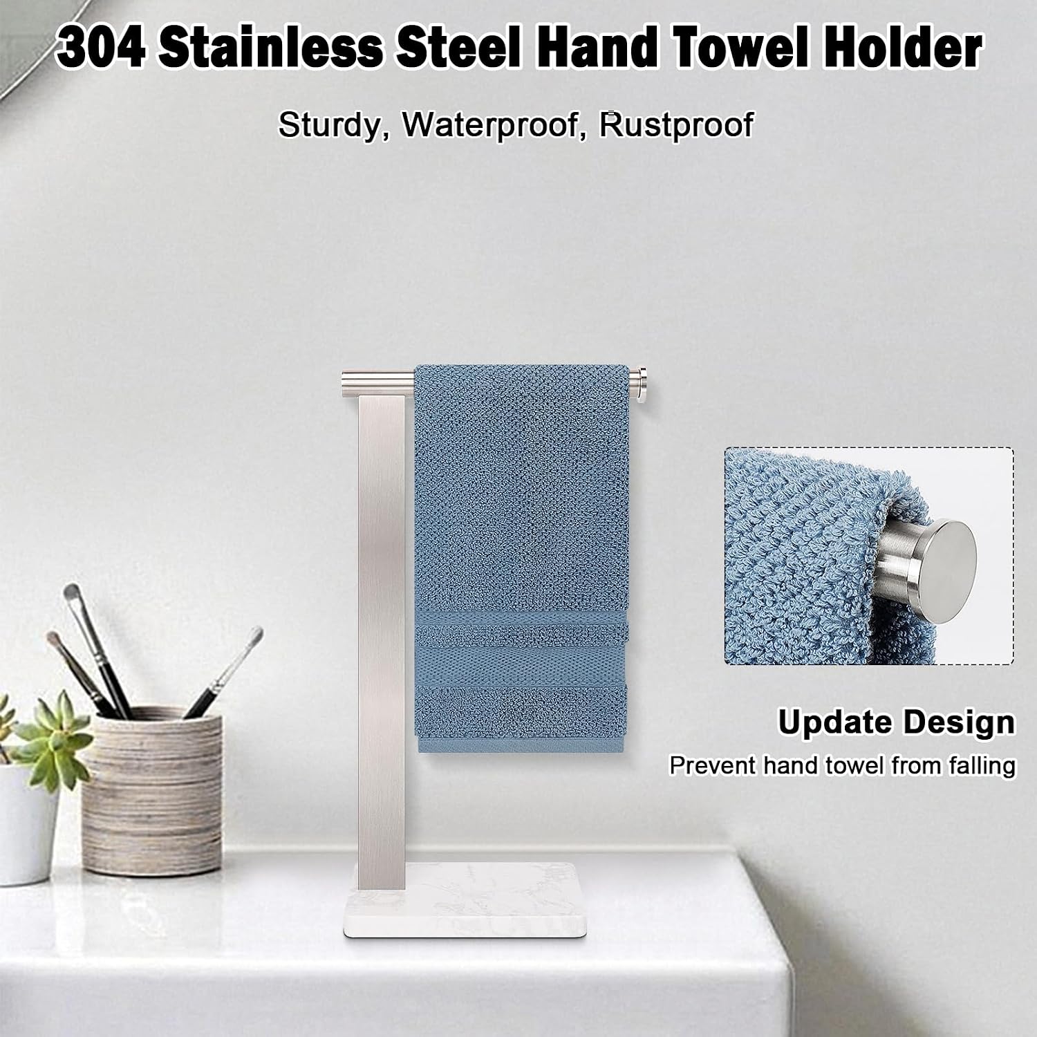 Stainless Steel L-Shaped Hand Towel Holder, SUS304 Bathroom Towel Rack with Thickened Base for Countertop Vanity (Brush Nickel, Square Base)