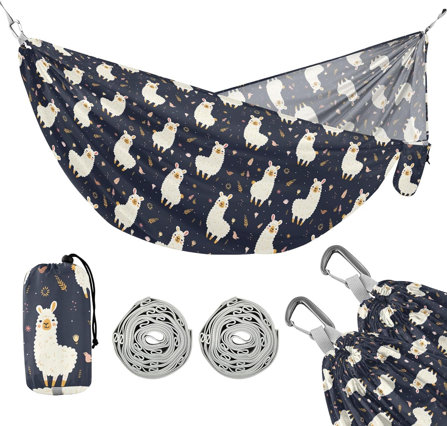 ALAZA Llama Cartoon Leaves Camping Hammocks Single or 2 Person 500 lbs Portable Parachute Travel Hammock w/Tree Straps for Hiking Backpacking Indoor Outdoor