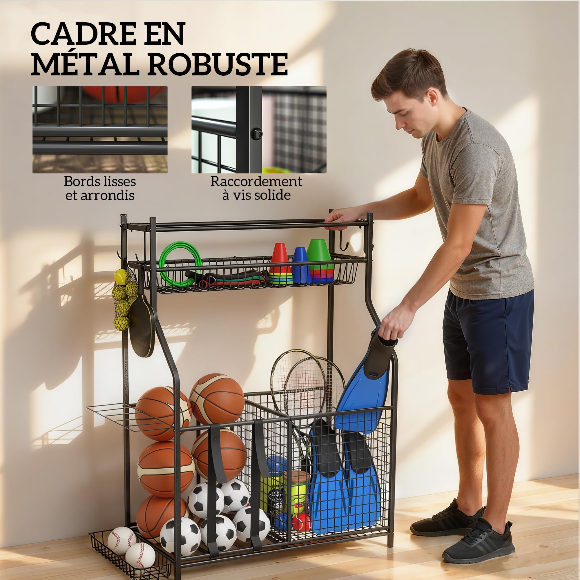 SPORTNOW Rangement d'Équipements de Sport, Organisateur d'Équipements de Sport pour Balles, Jouets avec Paniers, Crochets Amovibles, Sangles Élastiques, pour Intérieur, Extérieur, École, Garage, Noir