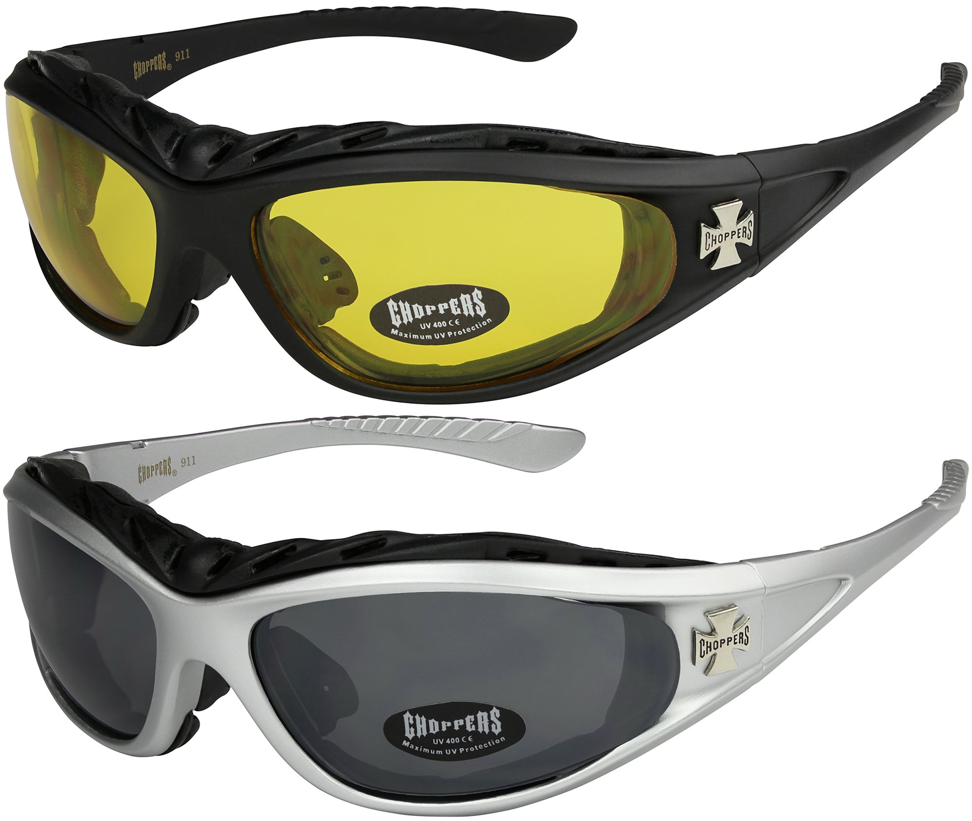 X-CRUZE 2er Pack Choppers 911 Sonnenbrillen Motorradbrille Sportbrille Radbrille - 1x Modell 03 (schwarz/gelb getönt) und 1x Modell 04 (silber/schwarz getönt) - Modell 03 + 04 -