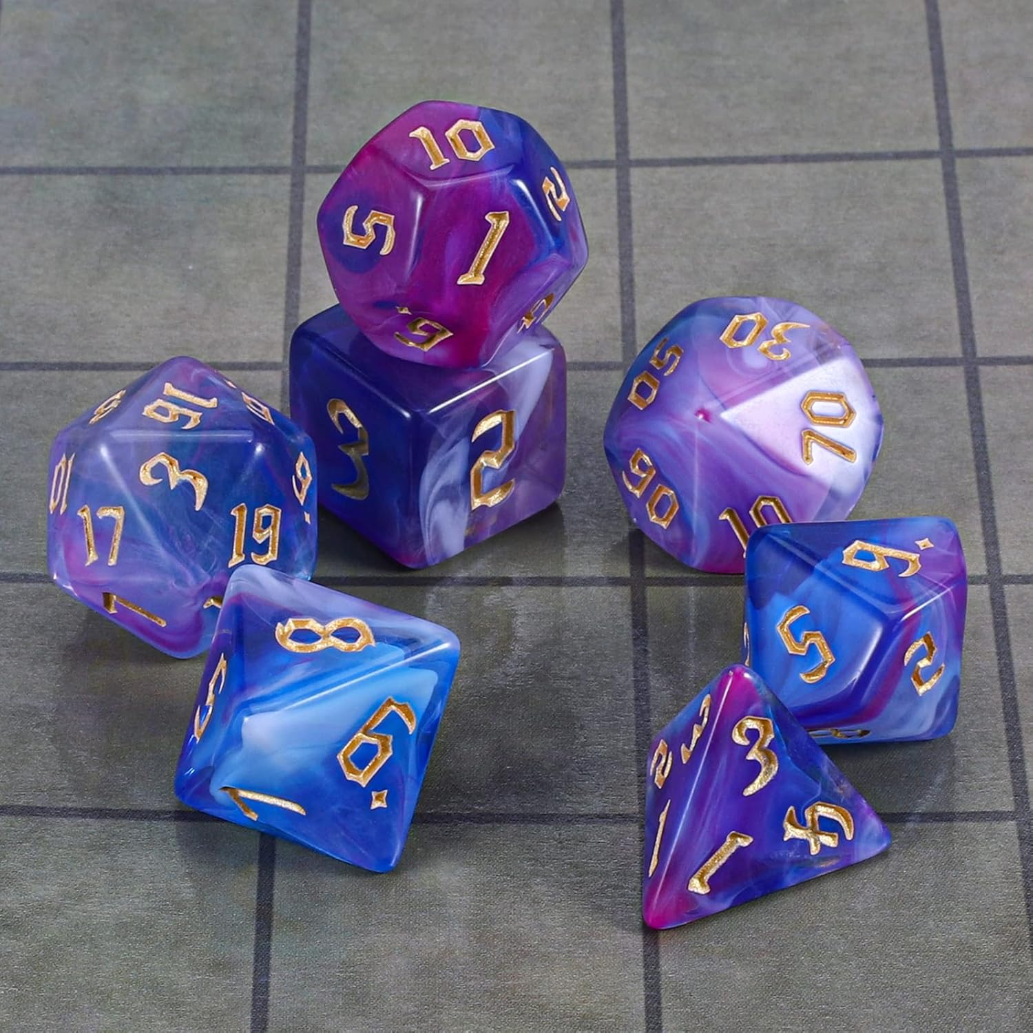 CiaraQ DND Polyhedral Dice Set with Dice Bag for Dungeons and Dragons RPG MTG Role Playing Table Games (Blue Mixed Purple + Gold Font)
