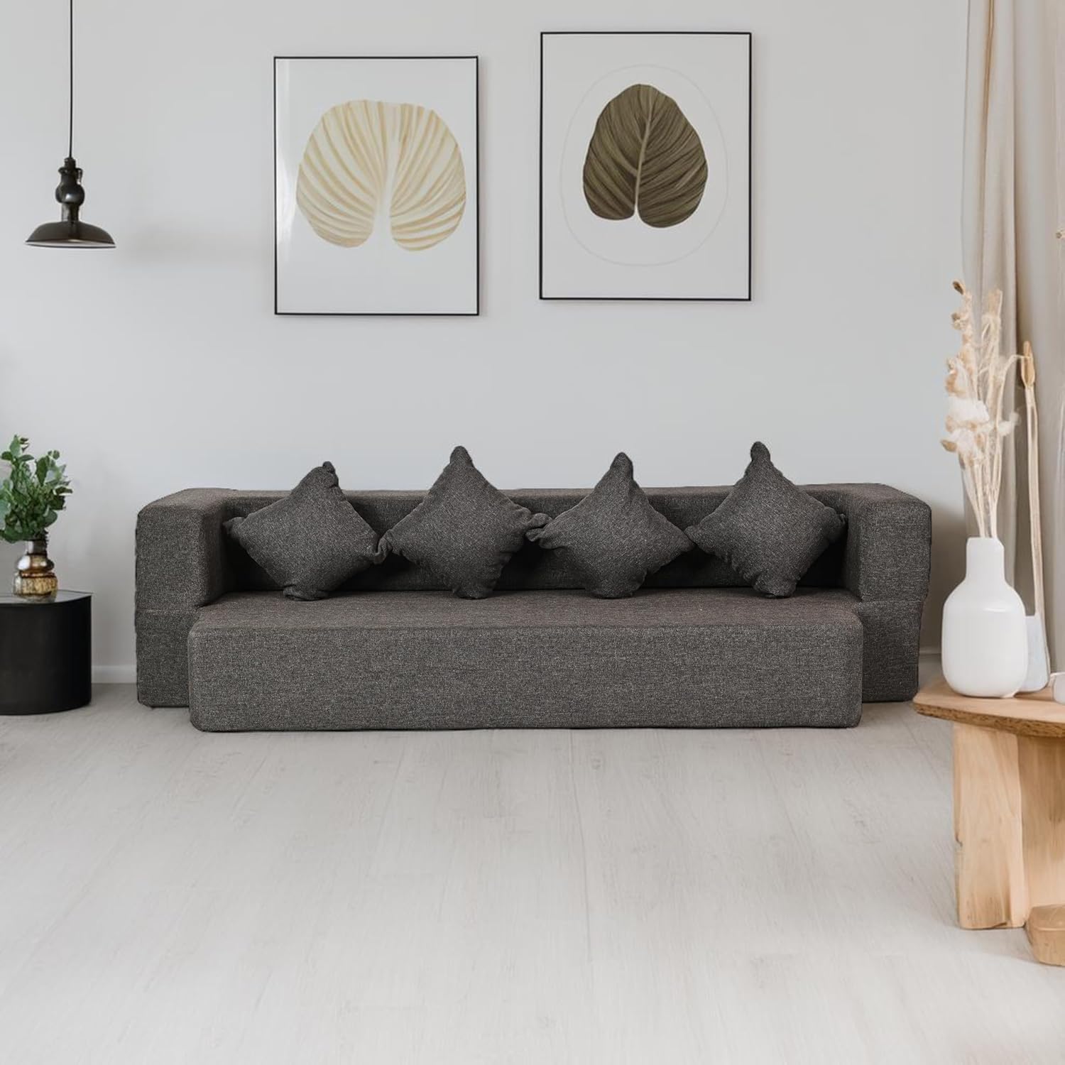 Seventh Heaven 4 Seater Sofa Cum Bed 78x44x10 inch Jute Fabric with 4 Cushions 4 Seater Double Foam Fold Out Sofa Cum Bed (Finish Color – Brown Delivery Condition – Pre-Assembled) Seventh Heaven 4 Seater Sofa Cum Bed 78x44x10 inch Jute Fabric with 4 Cushions 4 Seater Double Foam Fold Out Sofa Cum Bed (Finish Color – Brown Delivery Condition – Pre-Assembled)