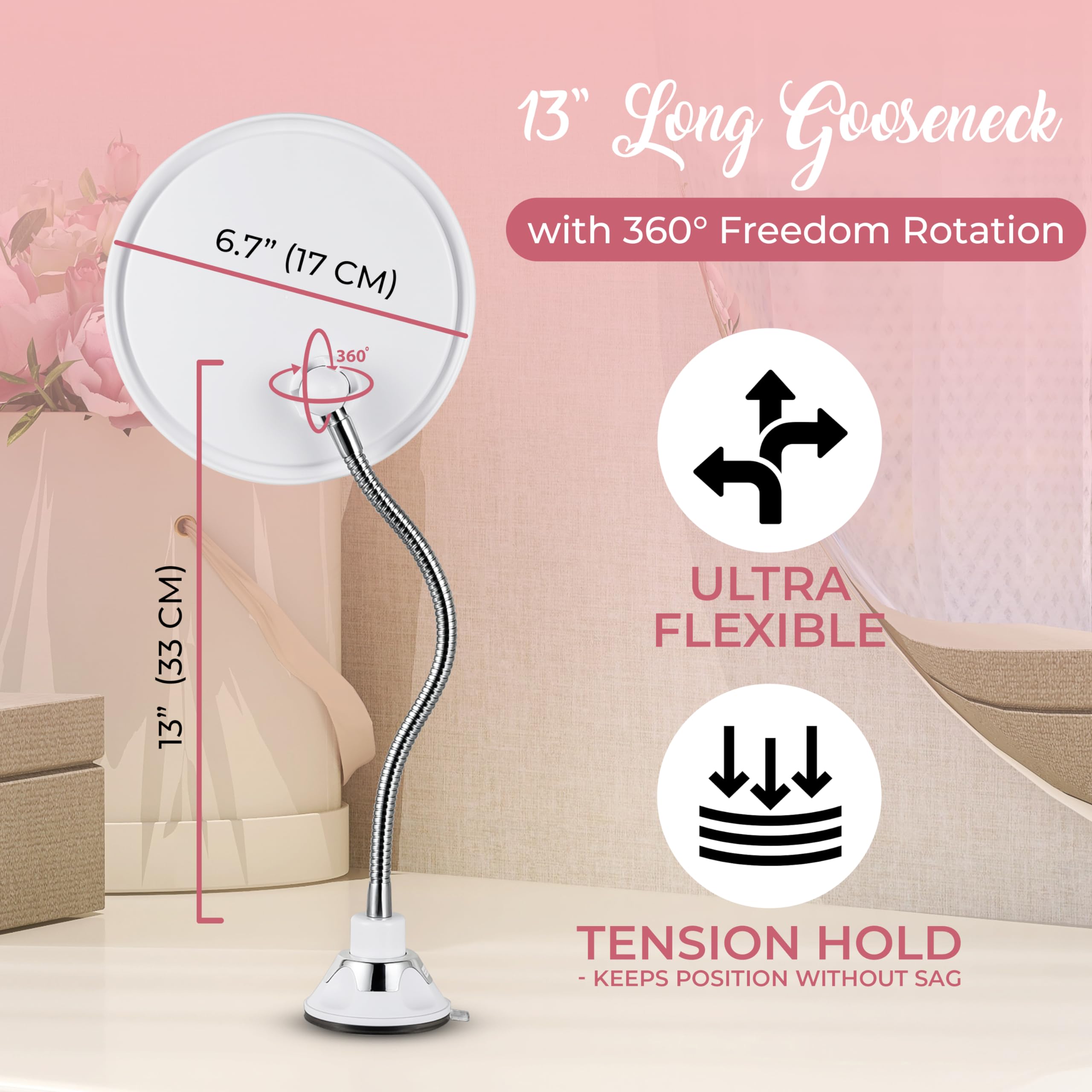 MIRRORVANA Elastyczne lusterko do makijażu z gęsią szyją, powiększenie 10x, obracane o 360°, regulowana przyssawka, przyklejane na stół lub ścianę, do toaletki i łazienki, 16 x 16 cm (okrągłe)