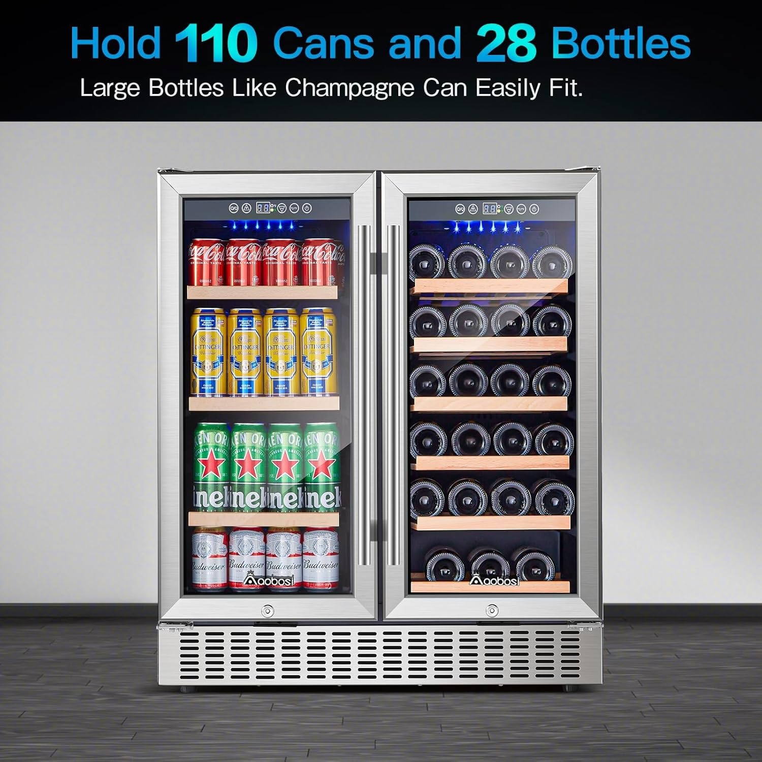 AAOBOSI Upgraded Dual Zone 24&30 Inch Wine and Beverage Cooler,Built-in and Freestanding,Removable FashionWoodenFrame,Intelligent Digital Temperatrue Control,Low Noise(2 Unit)