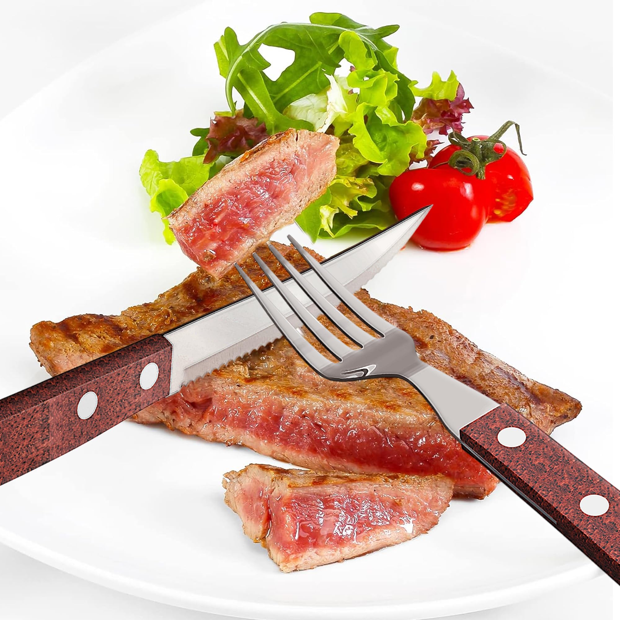 Couverts à steak acier inox bois 24 pieces avec 12 pieces couteaux à steak et 12 pieces fourchettes à steak