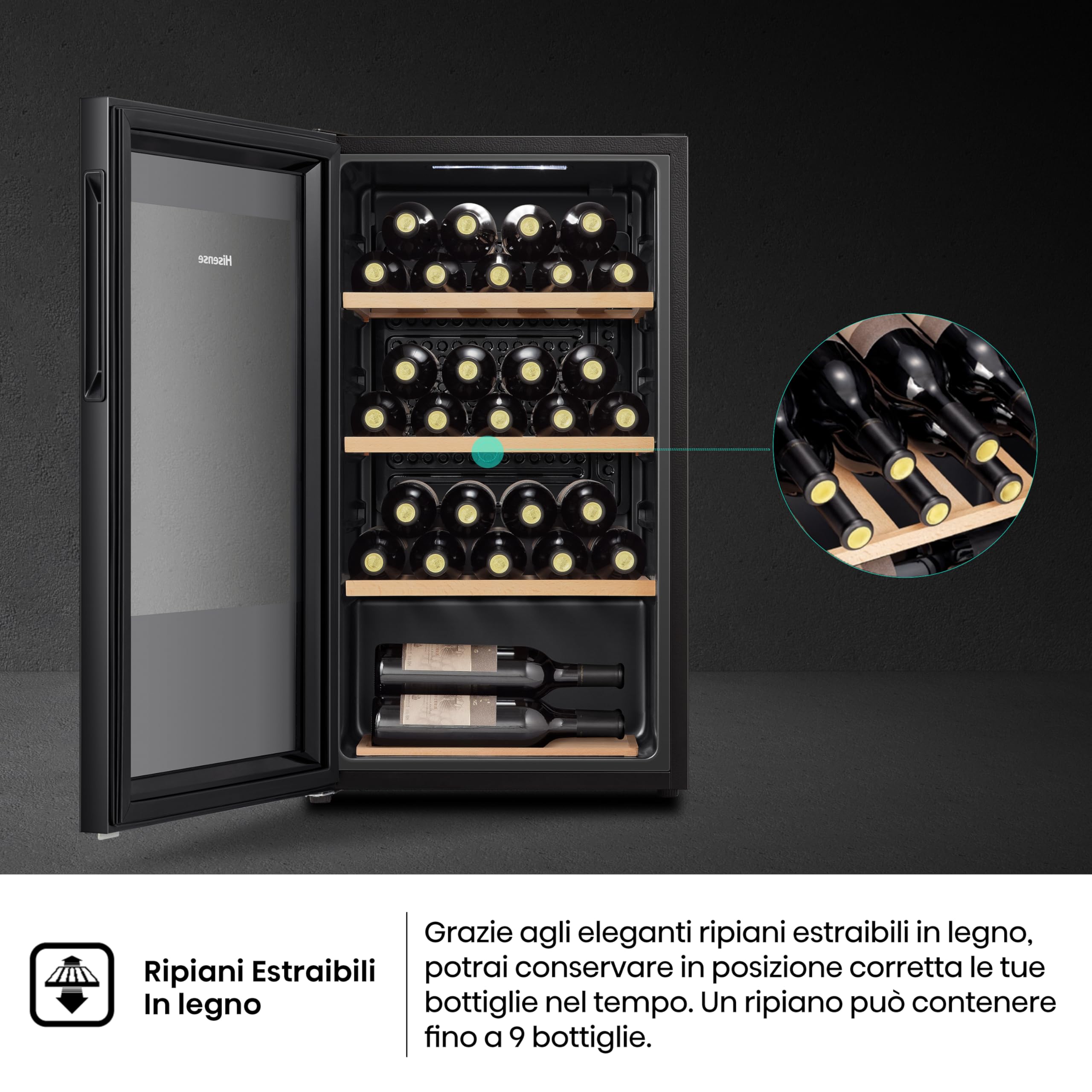 Hisense MWC4894GF - Cantina vino 30 bottiglie, Monotemperatura, Vetri anti UV, ripiani in legno, Display Touch, Illuminazione Led