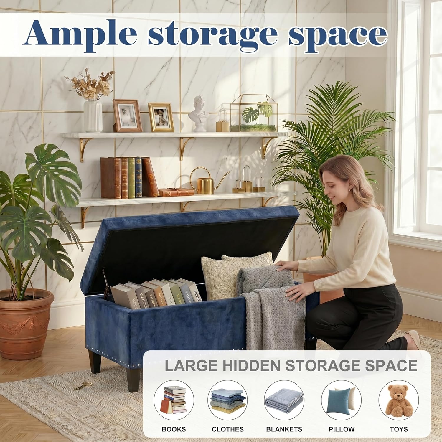 Joveco 41" Storage Benches, Microfiber Button Tufted Ottoman Bench with Nailhead Trim and Safety Hinges, Rectangular Bed End Bench for Bedroom, Living Room, Entryway, Navy Blue