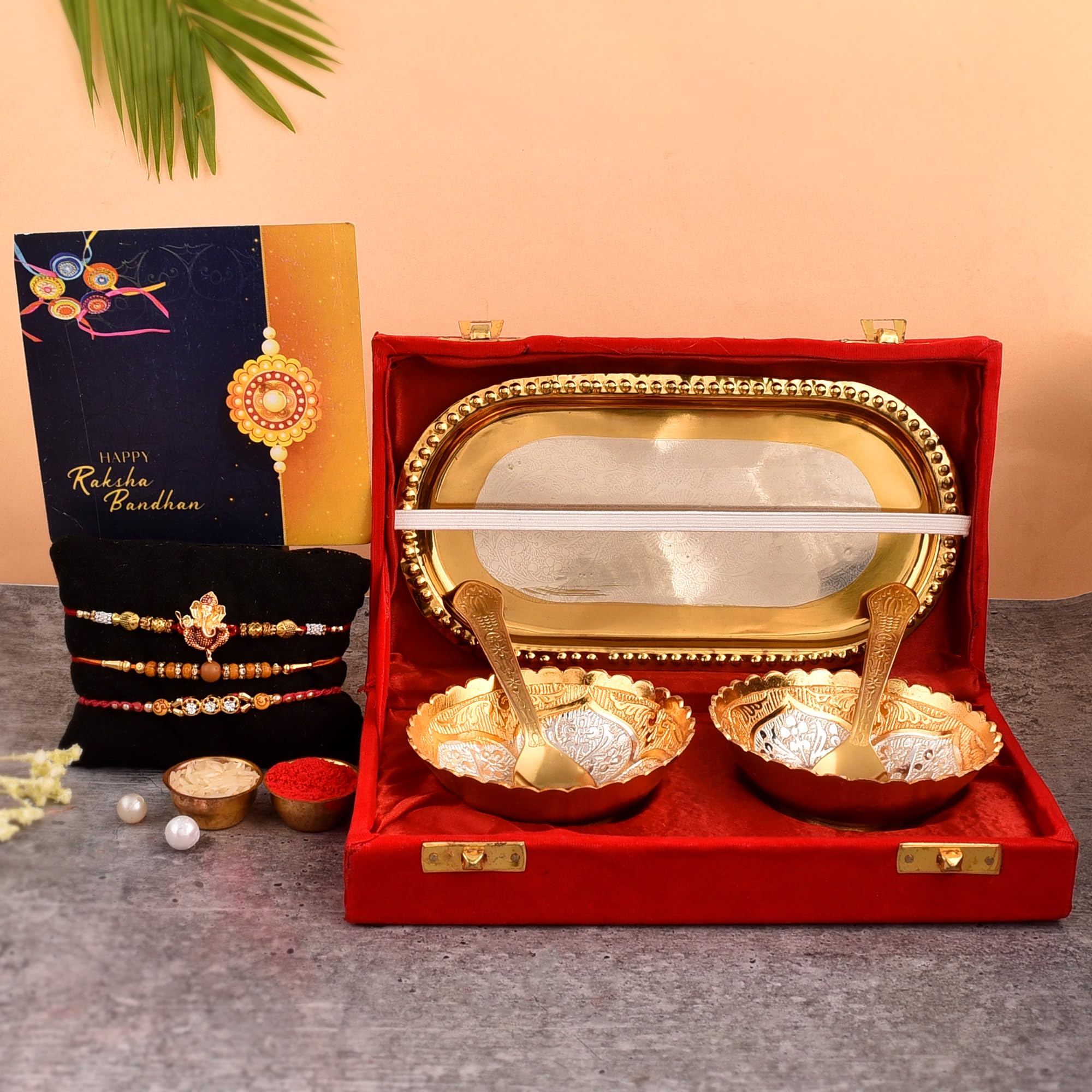Great Art Rakhi for Brother with [Gift Combo - |Rakhi Hamper for Brother with Bowl Set with Velvet Box Set with Red Velvet Box (3 Rakhi Set with Bowl Set Roli Chawal + Free Rakhi Card)-B2023B320-image-45