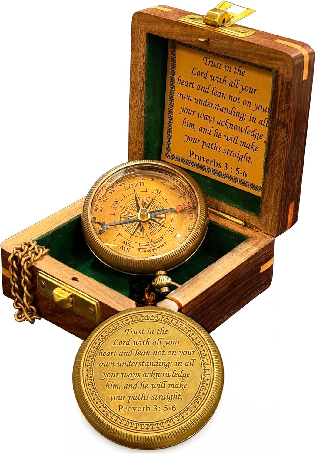 Trust in The Lord with All Your Heart – Proverbs 3:5-6 Quote Engraved Compass with Wooden Box, Graduation Religious Gift for Men Women Girls Boys.