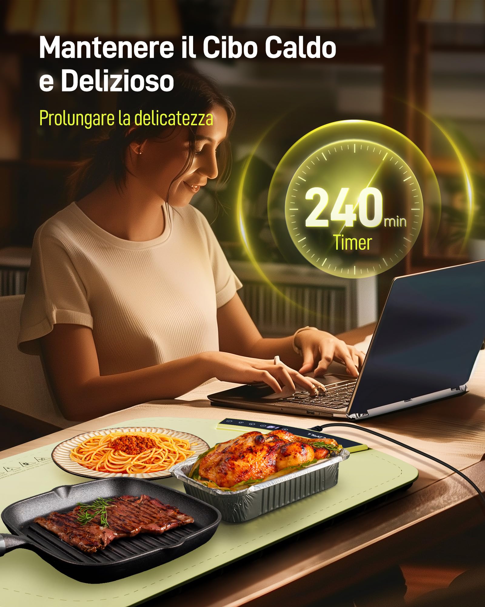 Vassoio Riscaldante Elettrico - Mantiene Caldi i Cibi per Buffet e feste, Scaldavivande Elettrico Portatile Regolabile da 40°C a 110°C con Spegnimento Automatico, 60x40x2,5cm