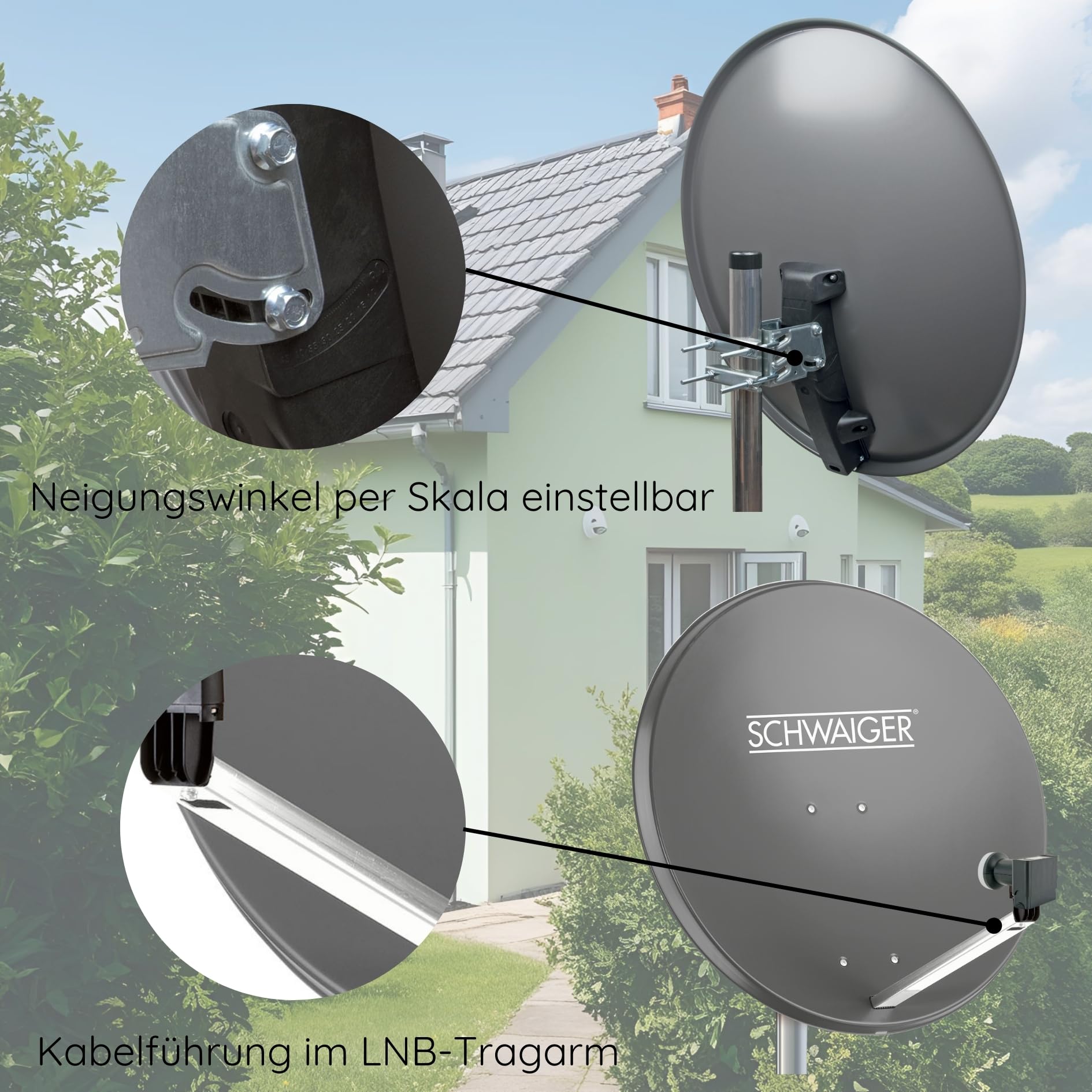 SCHWAIGER 517 SAT system kompletny zestaw Antena satelitarna, Quad LNB (cyfrowy), 8x F-wtyk 7mm, antena satelitarna stalowa, antracytowa z materiałem montażowym