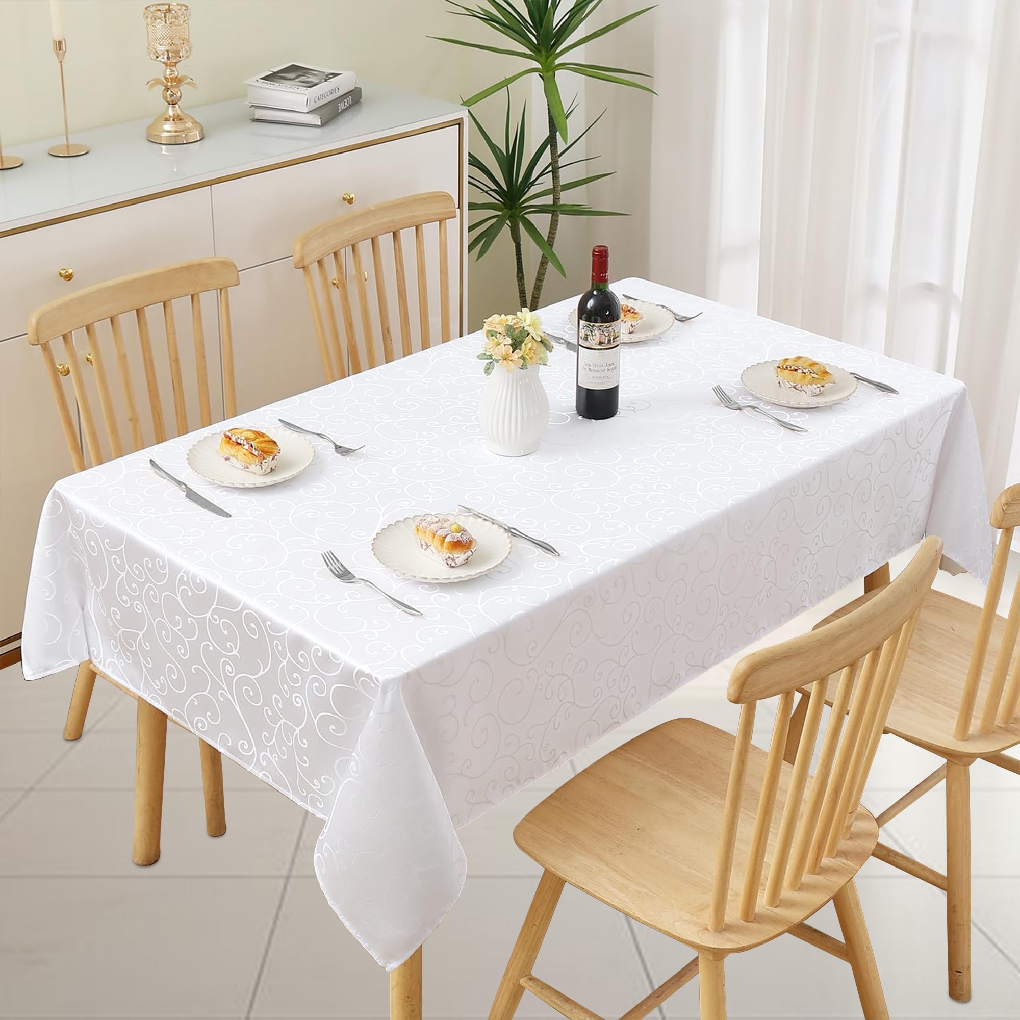 Trimming Shop Tovaglia damascata rettangolare 228,6 x 335,3 cm, motivo a vortice con rami, per banchetti, feste, casa, cucina, ristorante, matrimoni, Natale, 5 pezzi