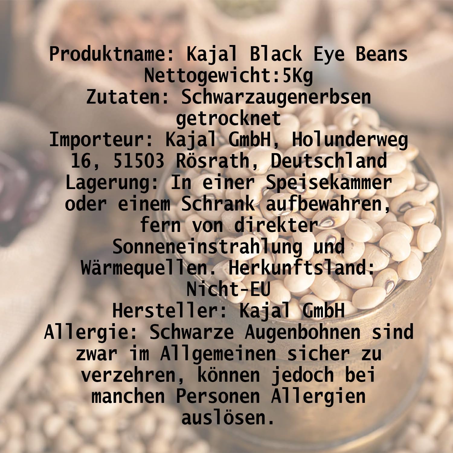 Kajal Schwarzaugenbohnen 5kg - Hochwertige getrocknete Schwarzaugenerbsen für Salate, Eintöpfe und Beilagen - Reich an Eiweiß, Ballaststoffen und Nährstoffen, ideal für eine gesunde Ernährung